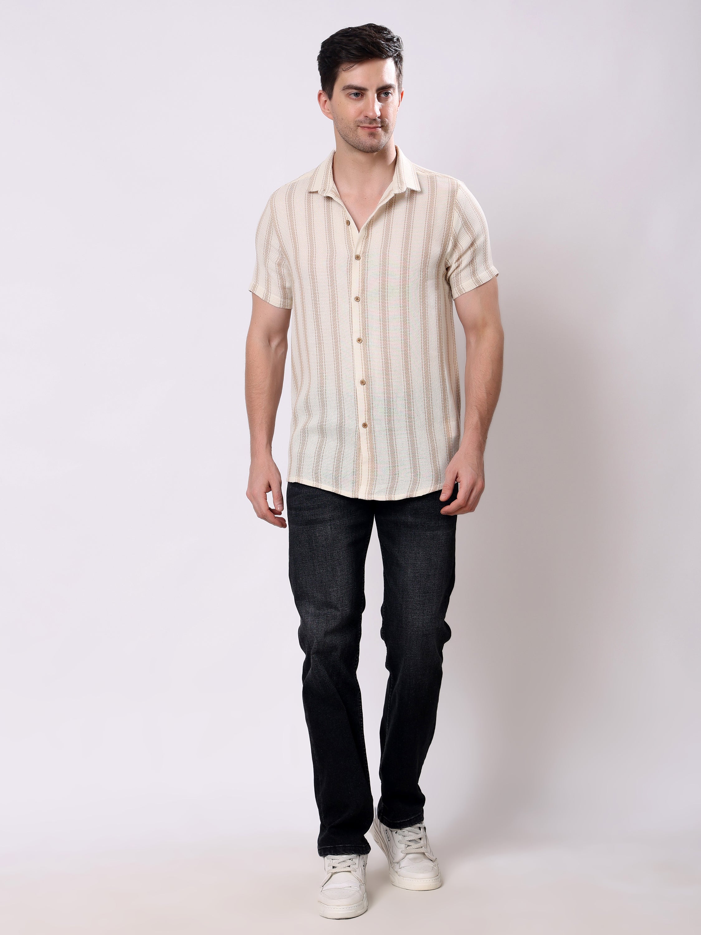 Stylox Men’s Regular Fit Half Sleeve Striped Casual Shirt-Brown - Stylox