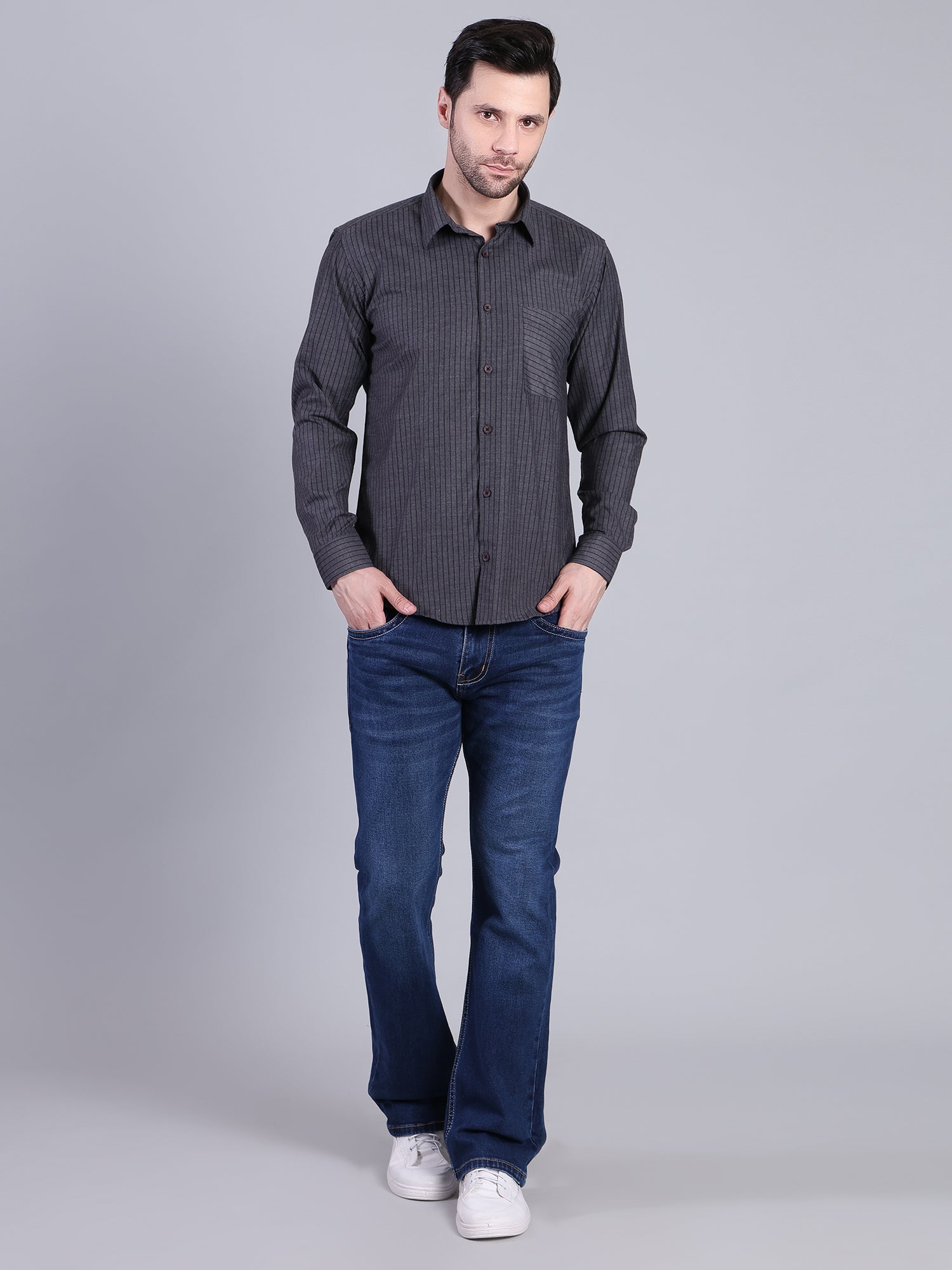 Stylox Men’s Regular Fit Vertical Striped Full Sleeve Casual Shirt-Charcoal - Stylox