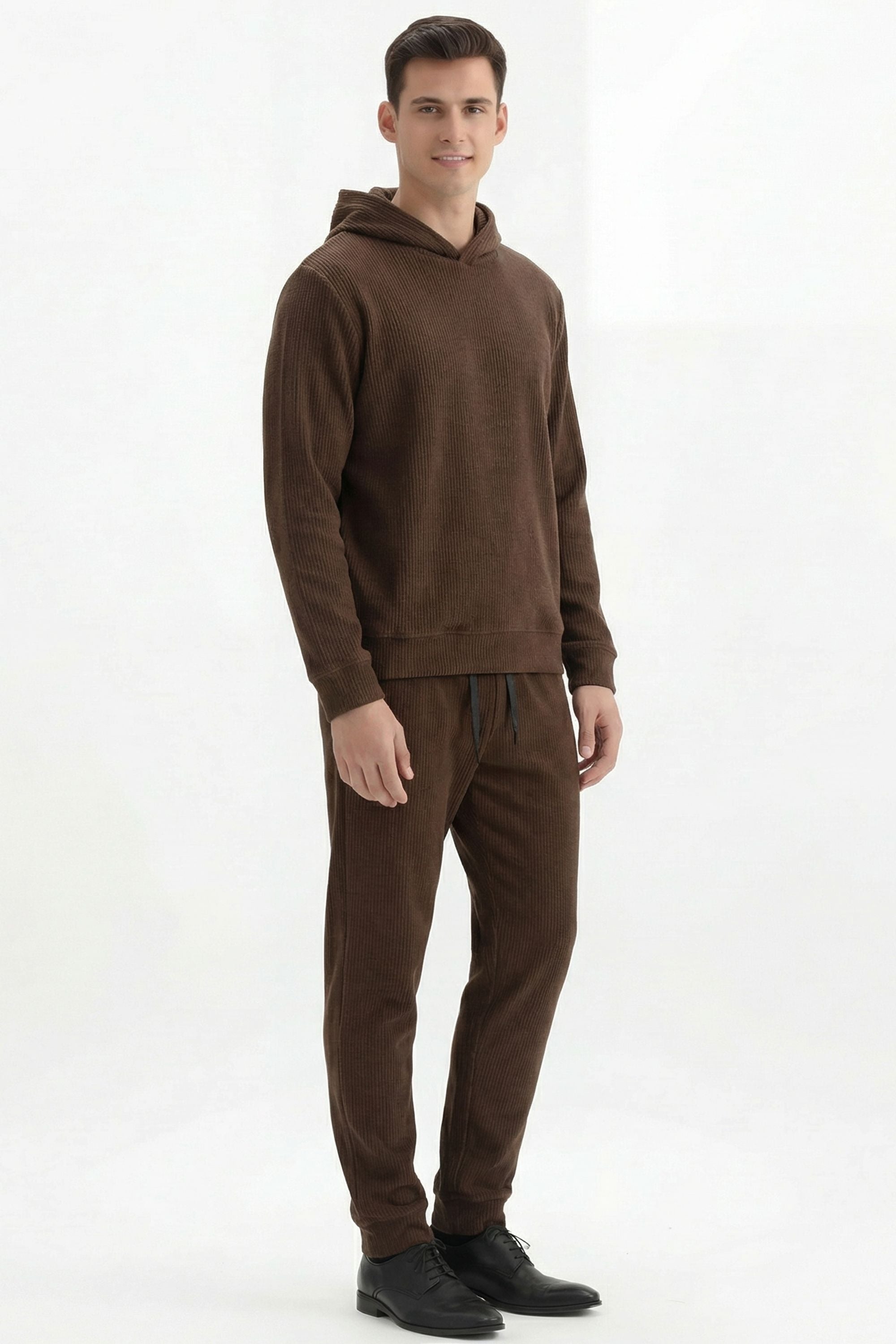Stylox Men’s Regular Fit Ribbed Tracksuit Set (Hooded Sweatshirt + Jogger Pants) (Light Brown) - Stylox