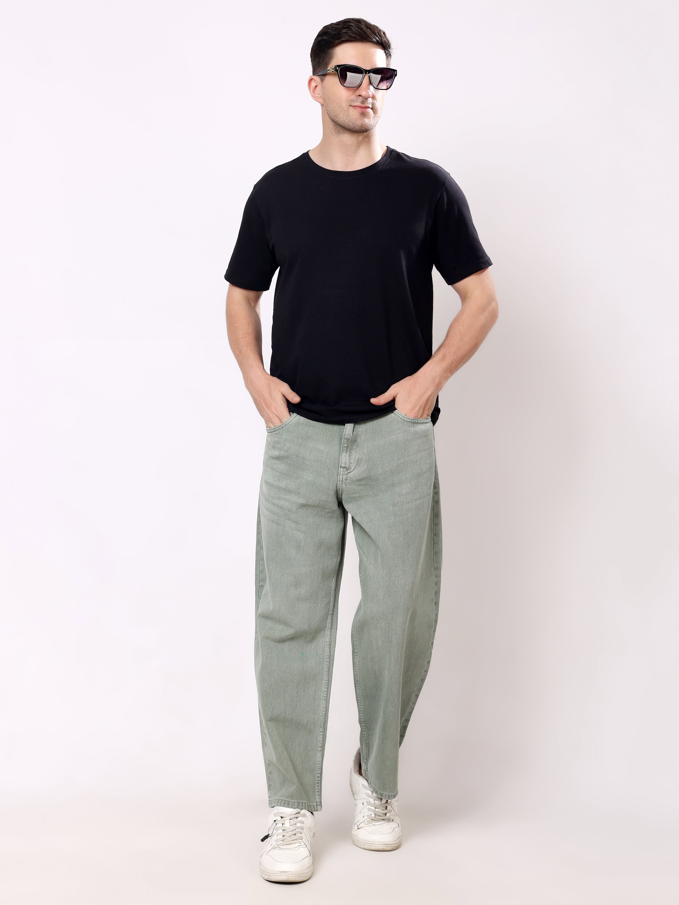 Stylox Men's Light Olive Super Baggy Fit Non-Stretchable Denim Jeans