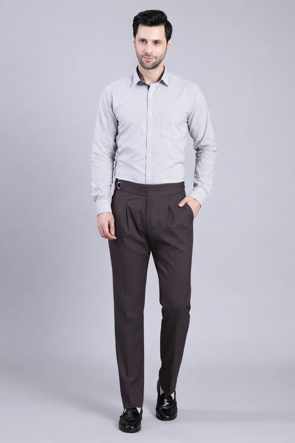 Stylox Men’s Gorkha High Waist Pleated Formal Trousers with Side Adjusters-Charcoal - Stylox