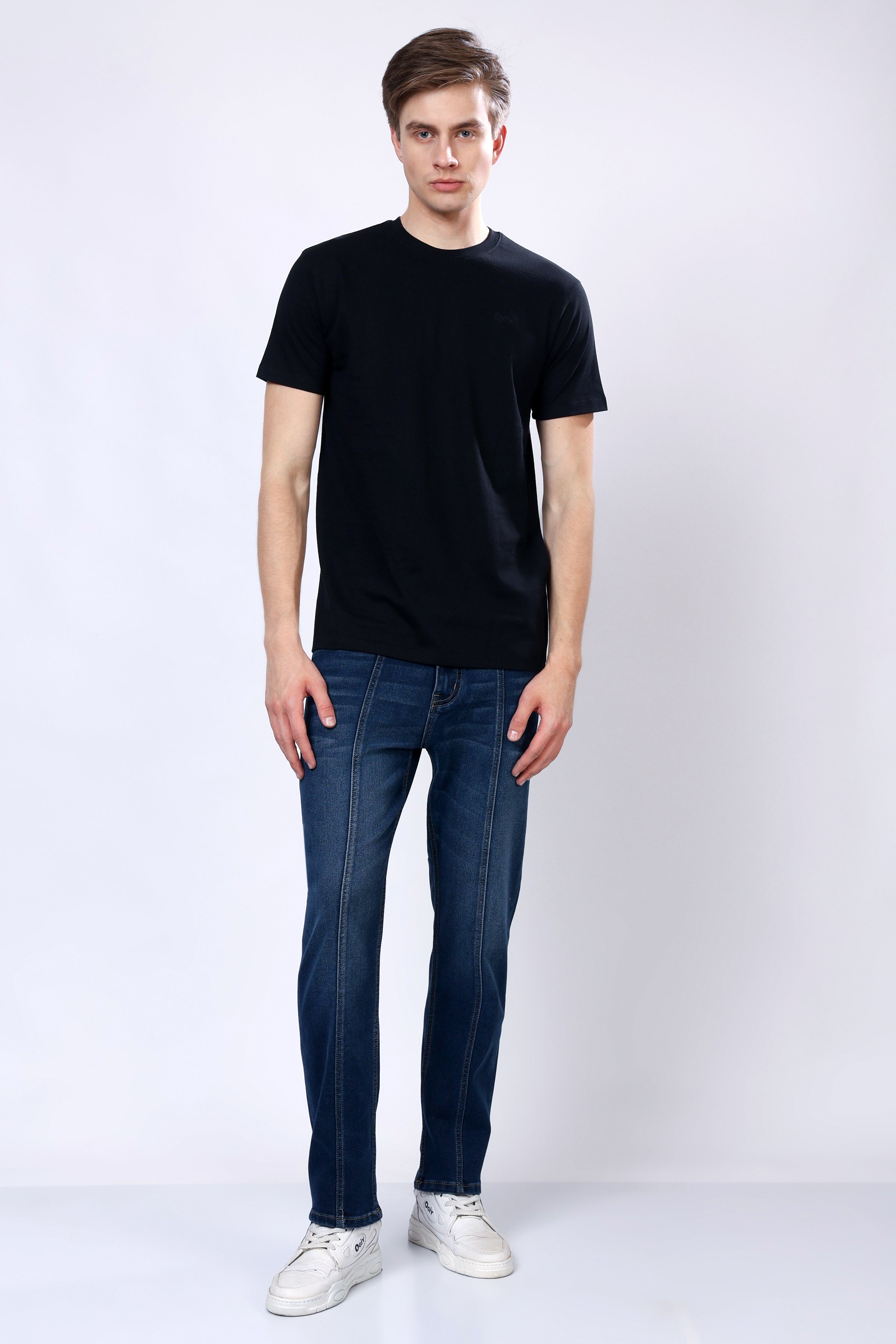 Stylox Men’s Mid-Rise Comfort Fit Stretchable Dark Blue Denim Jeans with Panel Stitch Detailing - Stylox