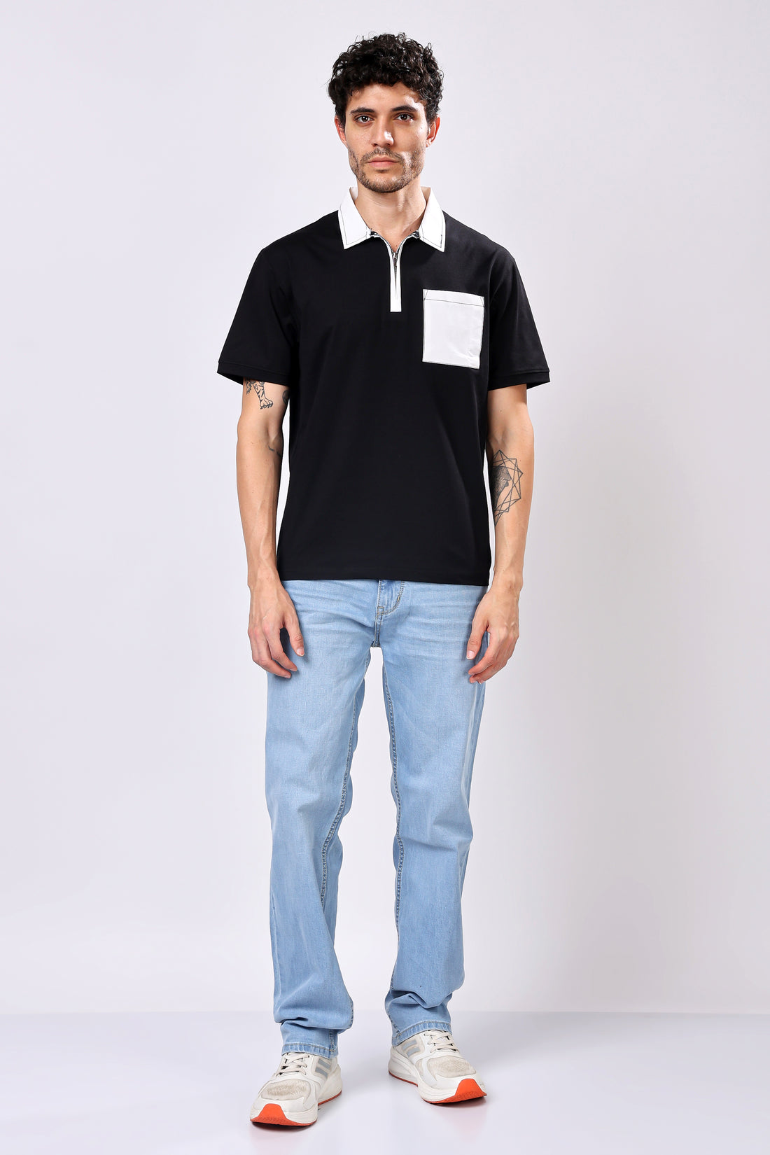 Stylox Men’s Regular Fit Contrast Collar Half Sleeve T-Shirt with Front Pocket &amp; Zip Neck | Casual Stylish Cotton Blend Tee