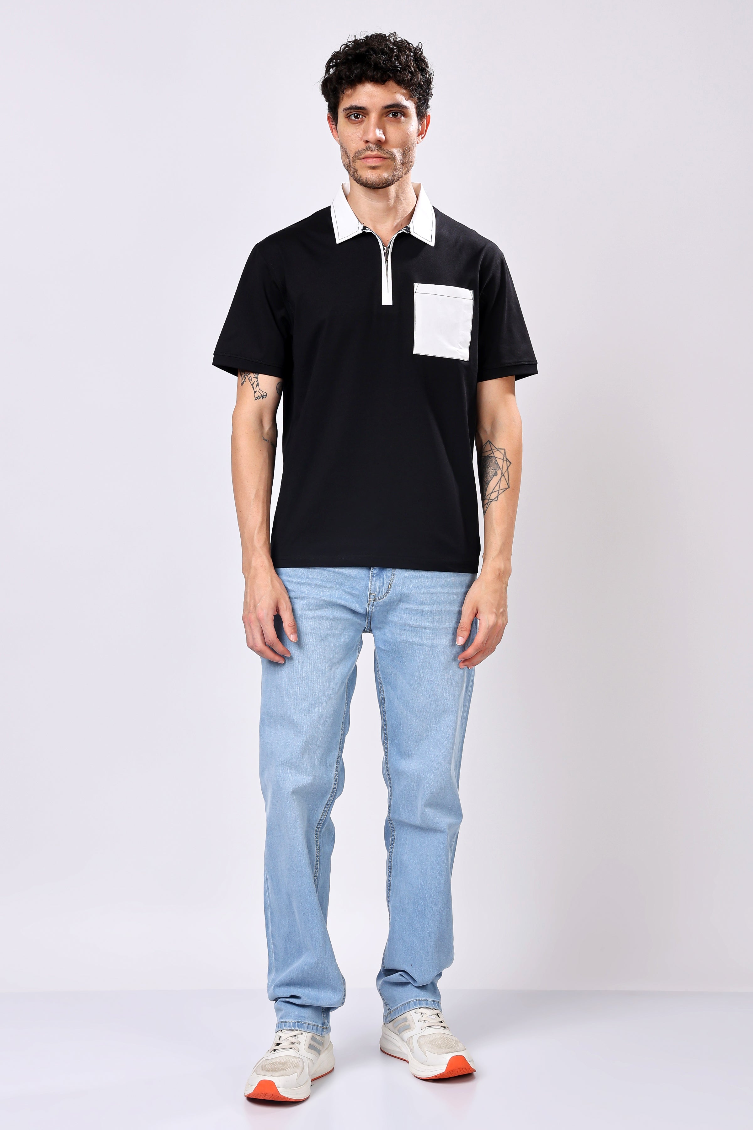Stylox Men’s Regular Fit Contrast Collar Half Sleeve T-Shirt with Front Pocket & Zip Neck | Casual Stylish Cotton Blend Tee - Stylox