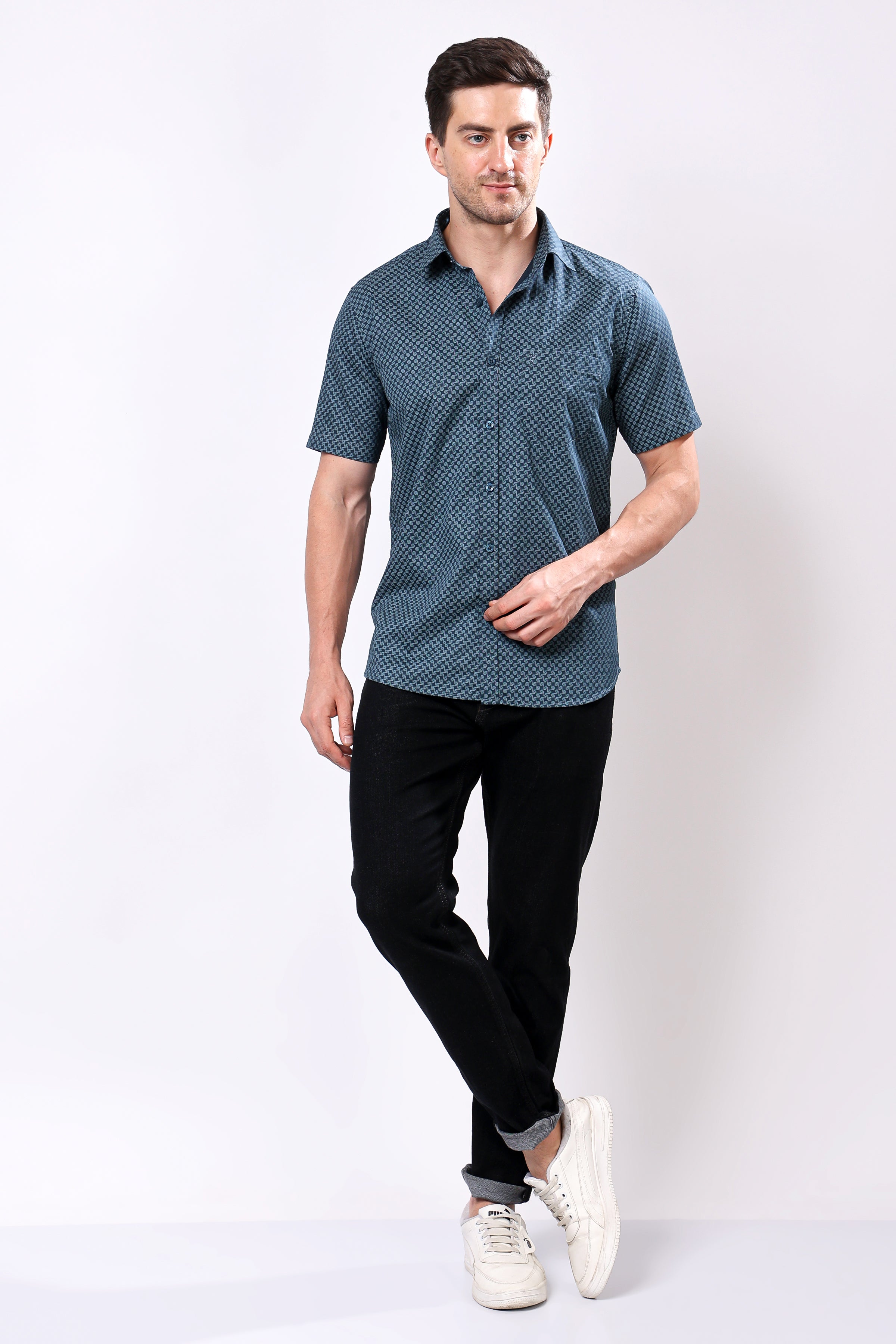 Stylox Men's Half Sleeve Geometric Print Casual Shirt – Premium Cotton Blend Regular Fit Summer Shirt - Stylox