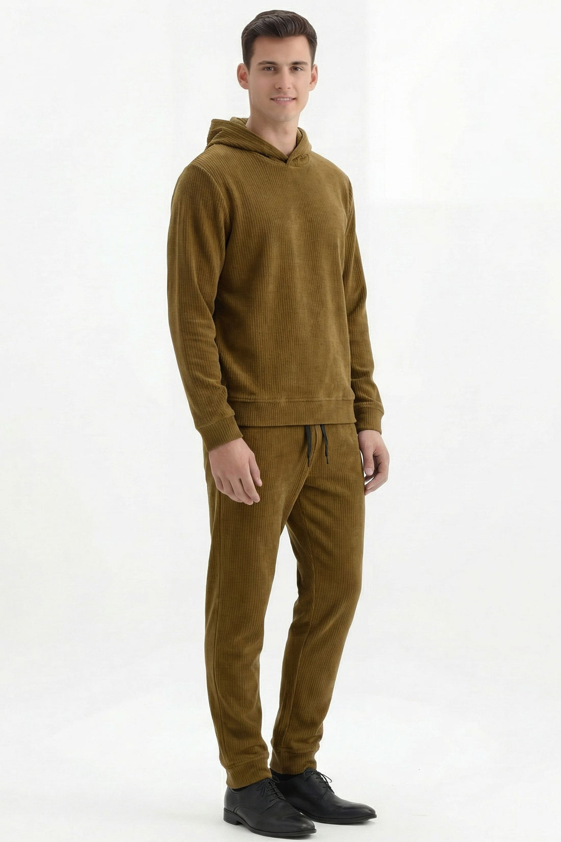 Stylox Men’s Regular Fit Ribbed Tracksuit Set (Hooded Sweatshirt + Jogger Pants) (Dark Beige)