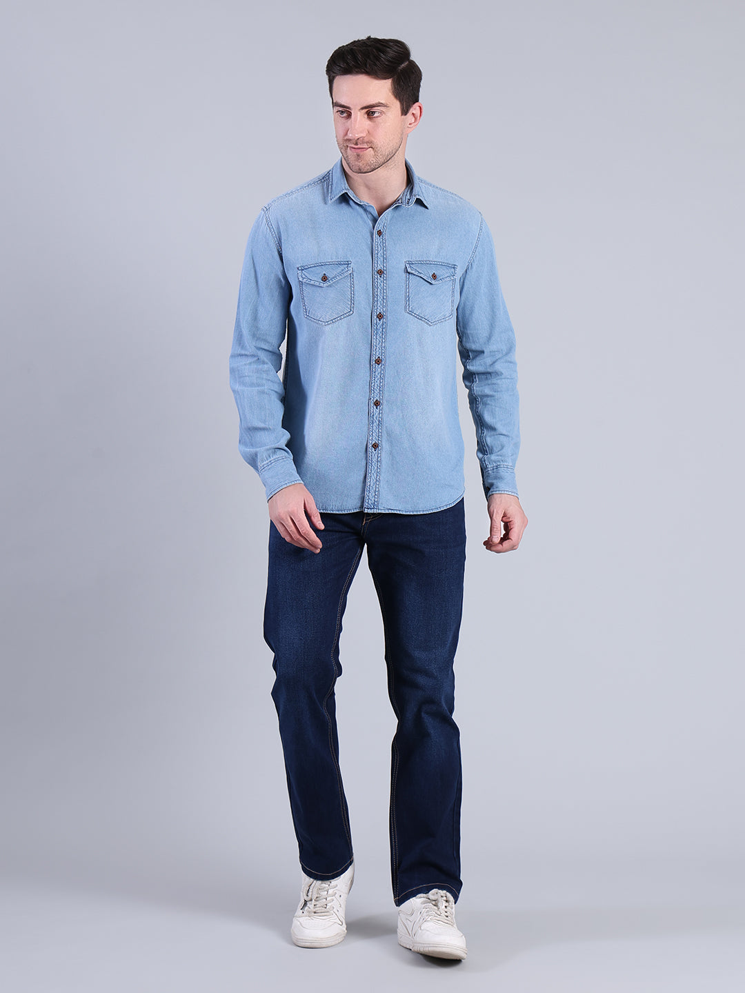 Stylox Men’s Light Wash Denim Shirt with Dual Chest Pockets - Stylox