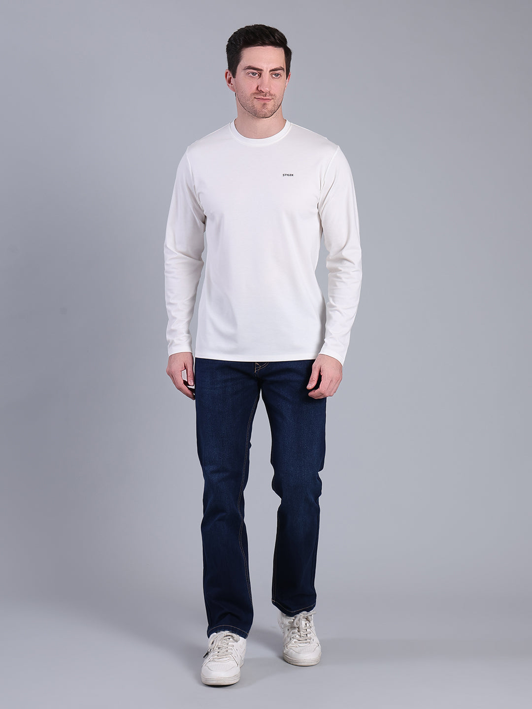 Stylox Men’s Full Sleeve Round Neck T-Shirt | Solid Slim Fit Cotton Blend Casual Tee