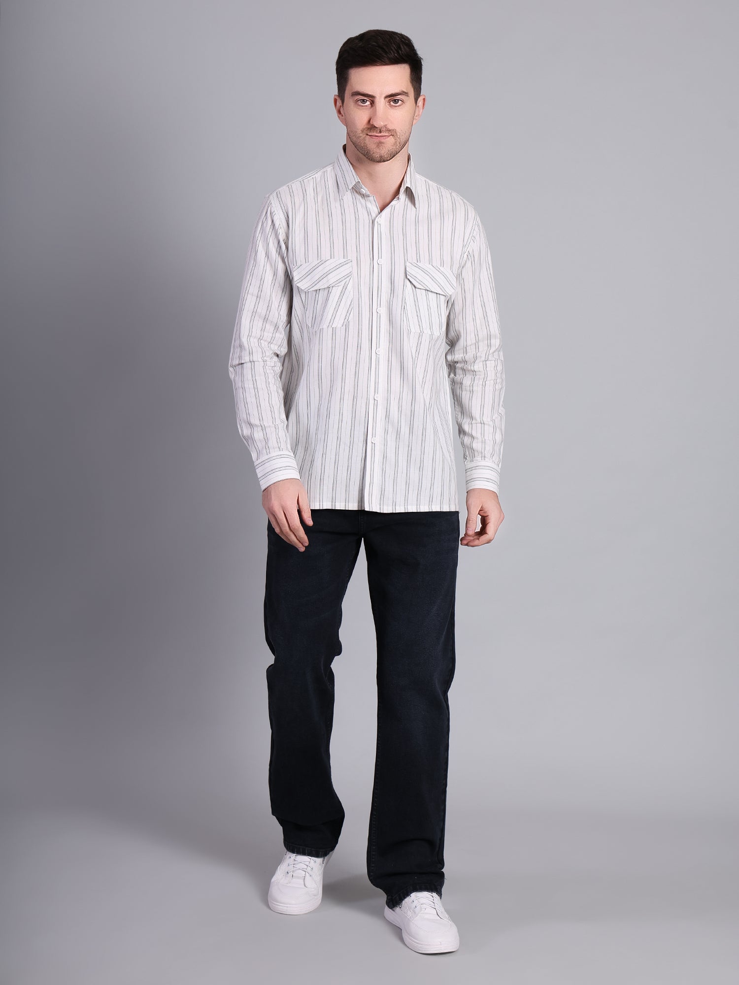 Stylox Men’s Regular Fit White Vertical Striped Full Sleeve Casual Shirt - Stylox