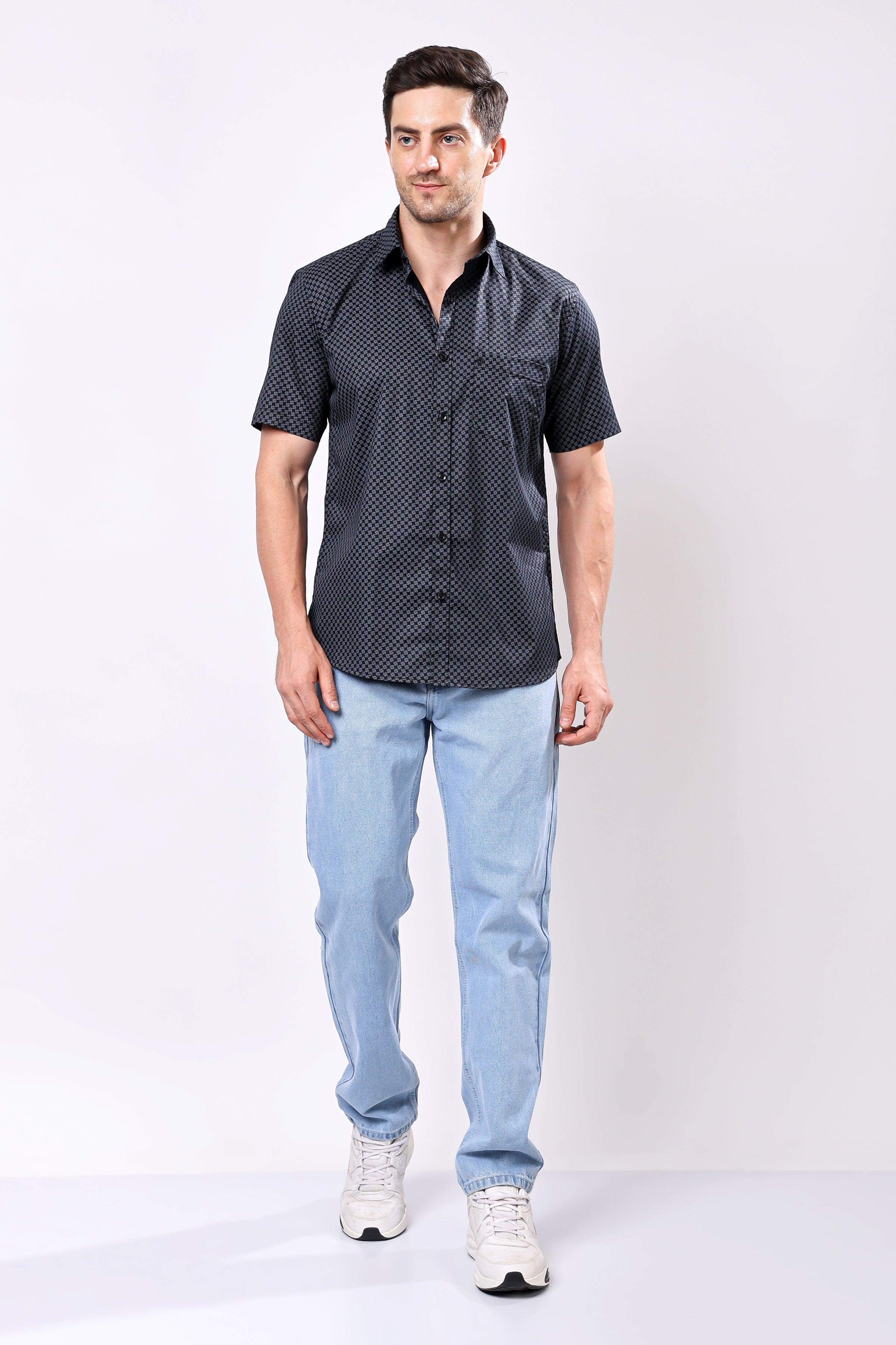 Stylox Men's Half Sleeve Geometric Print Casual Shirt – Premium Cotton Blend Regular Fit Summer Shirt - Stylox