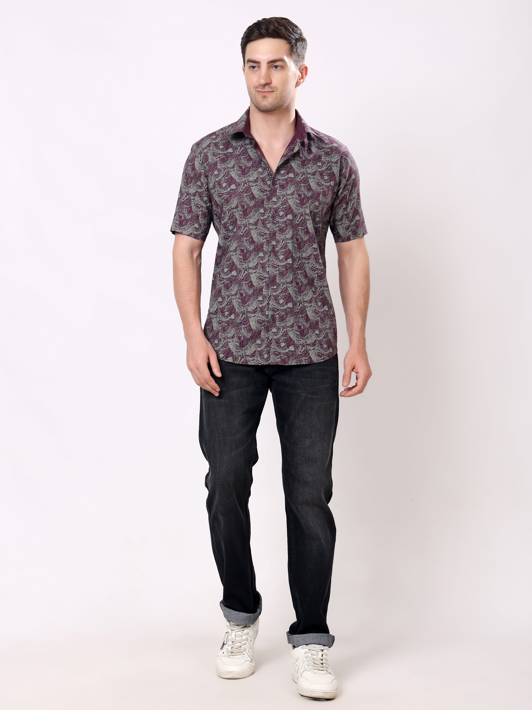 Stylox Men’s Regular Fit Half Sleeve Tropical Leaf Printed Casual Summer Shirt - Stylox
