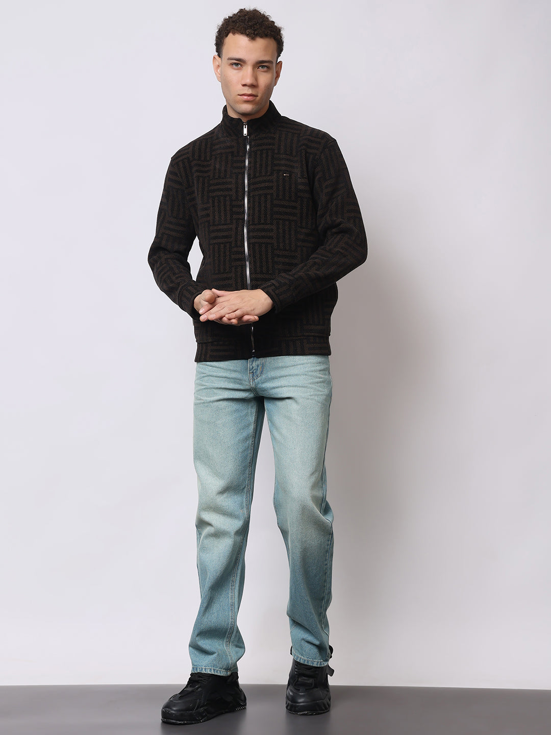 Stylox Men’s Black Textured Full-Zip Winter Jacket – Warm Fleece-Lined High Neck Sweatshirt for Casual Wear