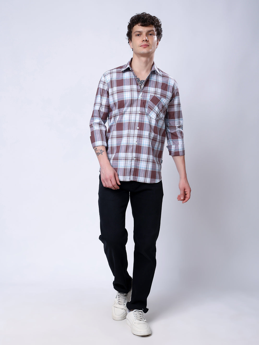 Stylox Men’s Regular Fit Full Sleeve Casual Check Shirt–Brown &amp; Sky Blue - Stylox