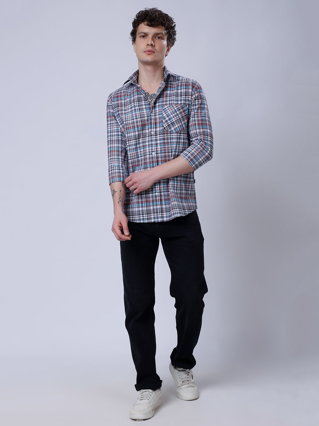 Stylox Men’s Regular Fit Full Sleeve Casual Check Shirt–Blue &amp; Brown - Stylox