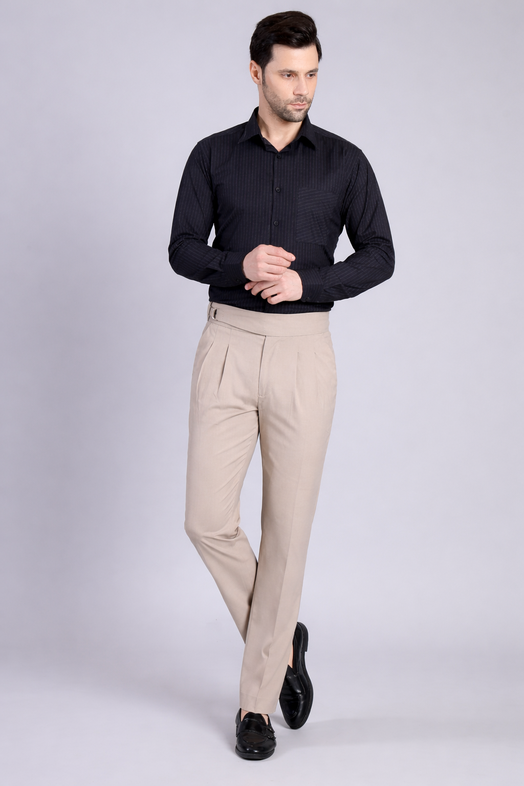 Stylox Men’s Gorkha High Waist Pleated Formal Trousers with Side Adjusters-Beige - Stylox