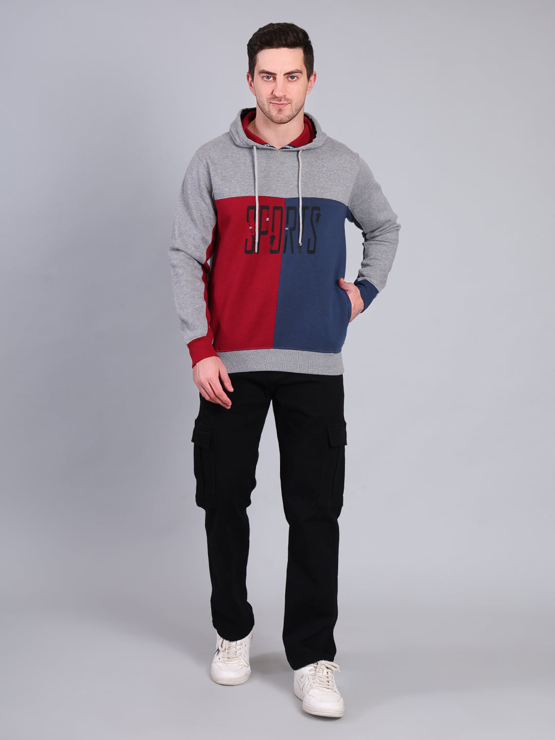 Stylox Men’s Winter Colorblock Printed Hoodie | Pullover Hooded Sweatshirt with Side Pocket (Grey)