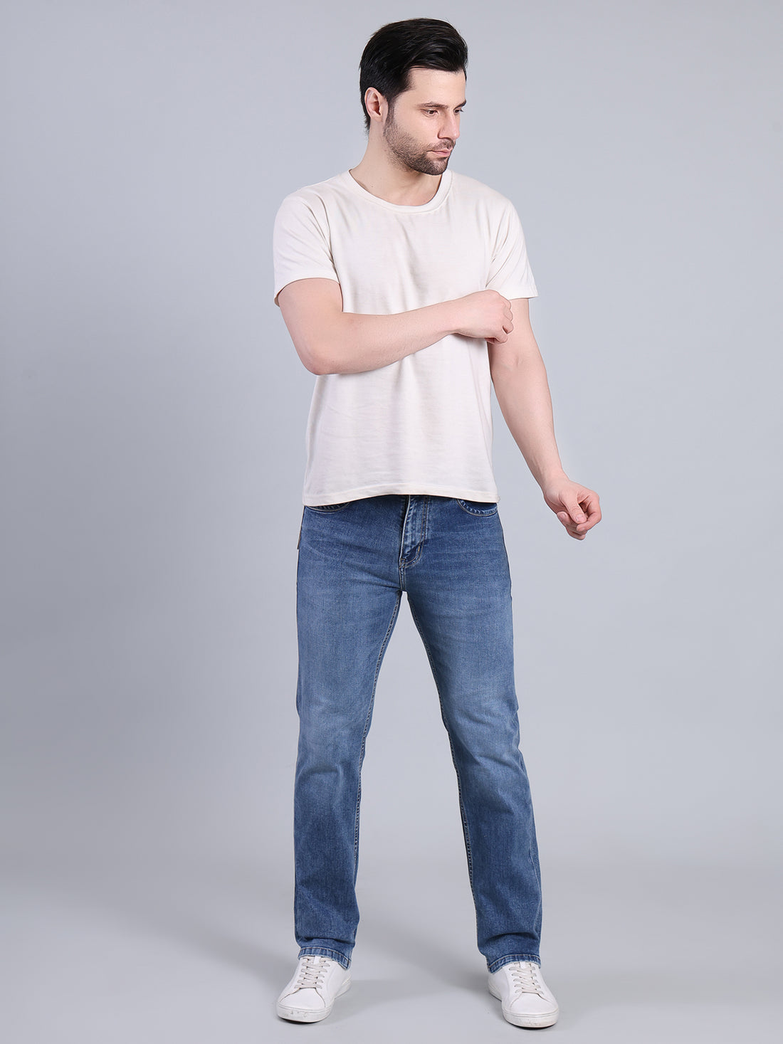 Stylox Men’s Comfort Fit Mid-Rise Washed Denim Jeans (Mid Light Blue)