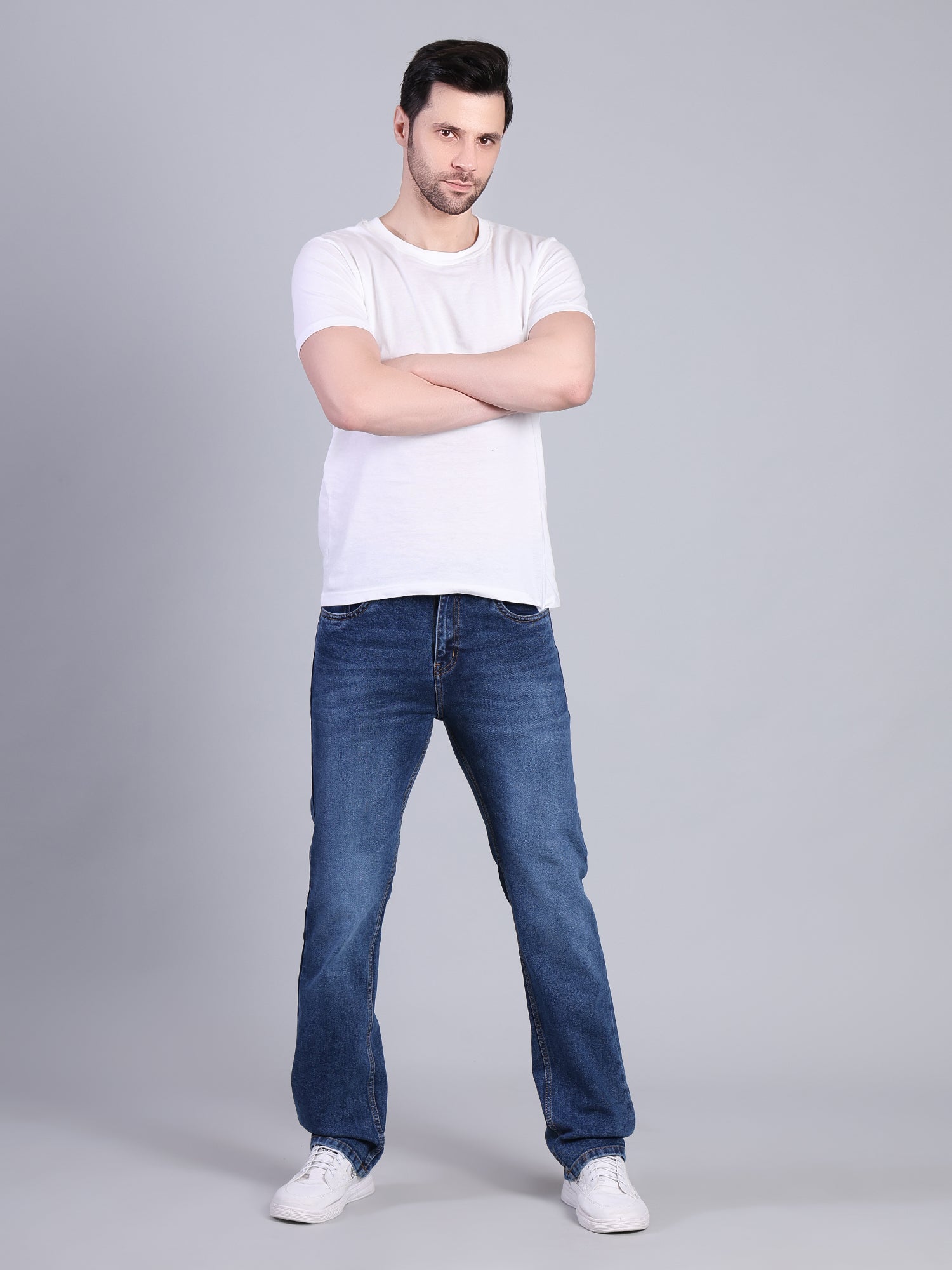 Stylox Men’s Mid-Rise Straight Fit Classic Washed Denim Jeans-Mid Blue - Stylox