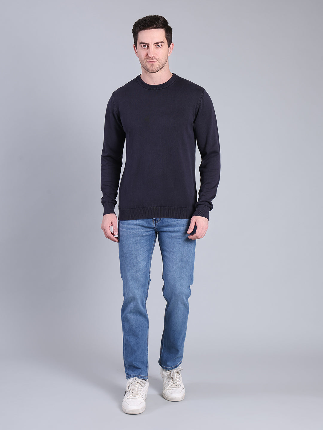 Stylox Men’s Full Sleeve Round Neck Sweater | Solid Slim Fit Knitted Winter Pullover (Navy)