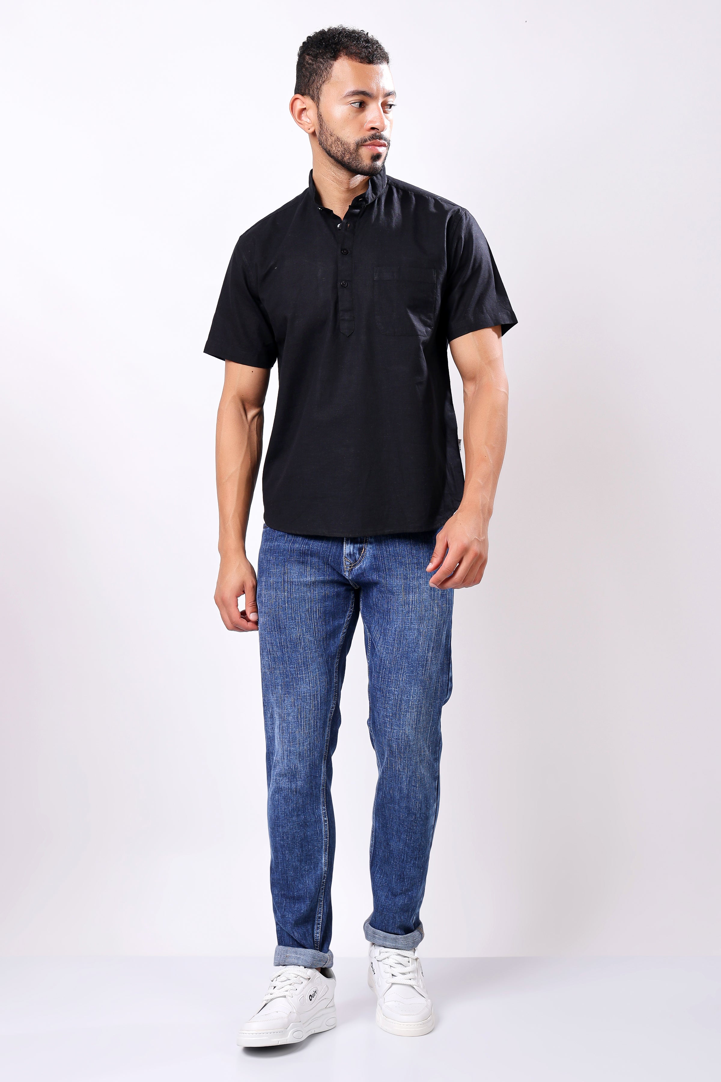 Stylox Men's Half Sleeve Solid Kurta (Black)