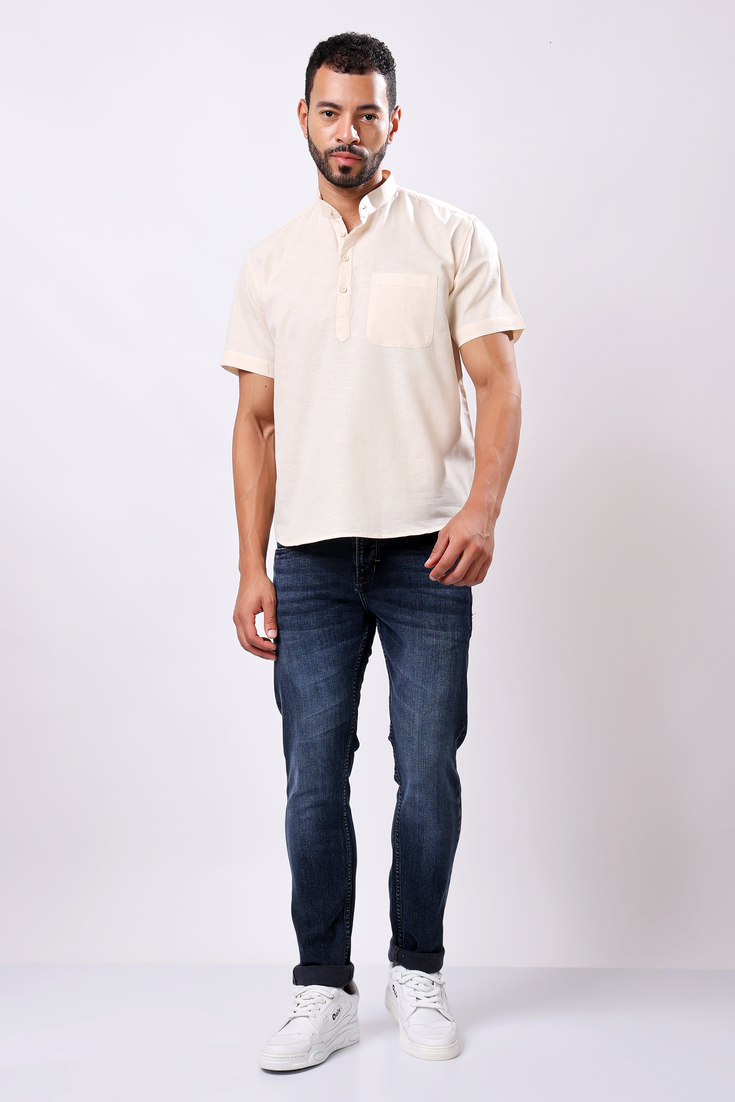Stylox Men's Half Sleeve Solid Kurta (Beige) - Stylox