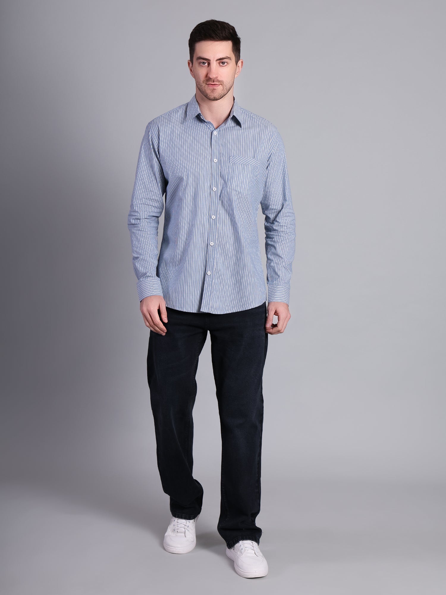 Stylox Men’s Regular Fit Vertical Striped Full Sleeve Casual Shirt-Blue - Stylox