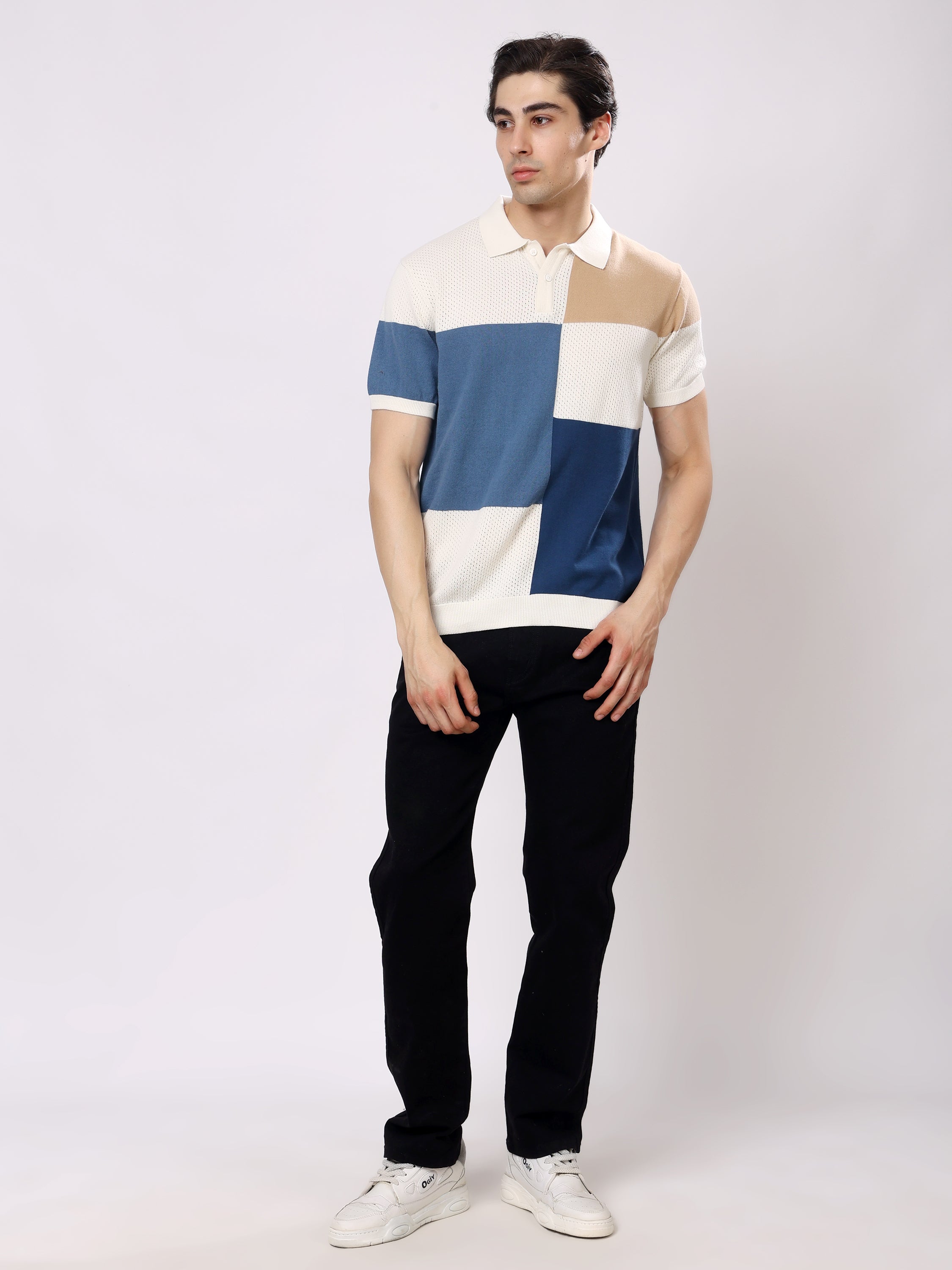 Stylox Men's Regular Fit Half Sleeve Color Block Knitted Polo T-Shirt