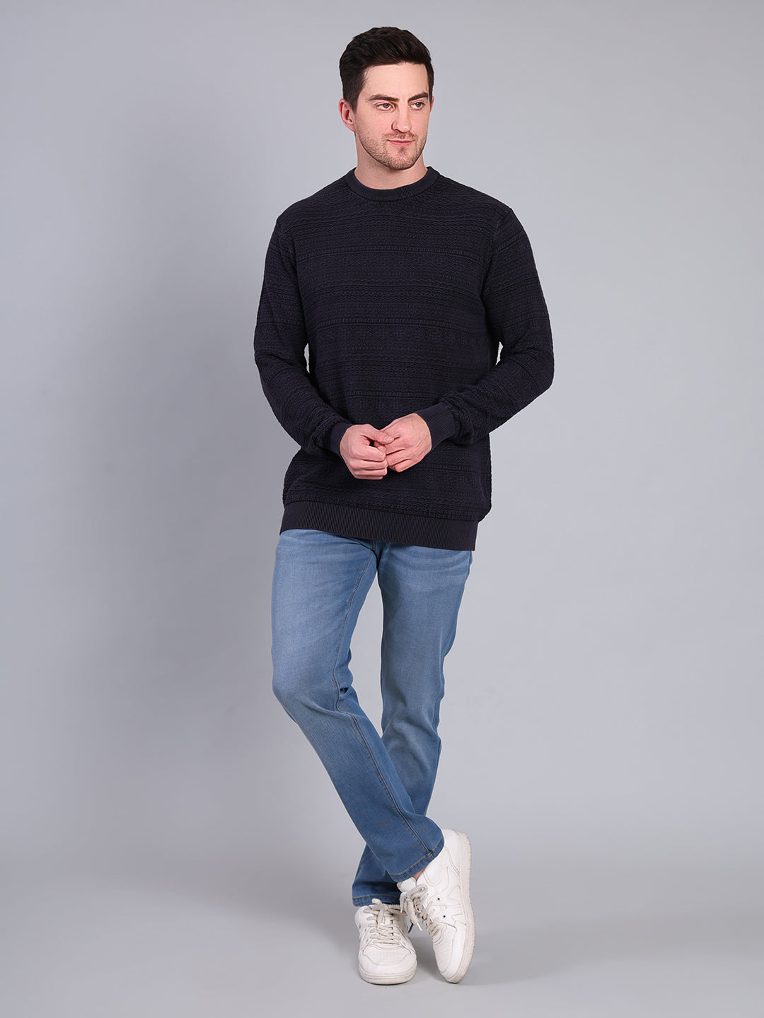 Stylox Men’s Winter Textured Sweater | Full Sleeve Round Neck Knit Pullover | Warm Casual Wear-Navy