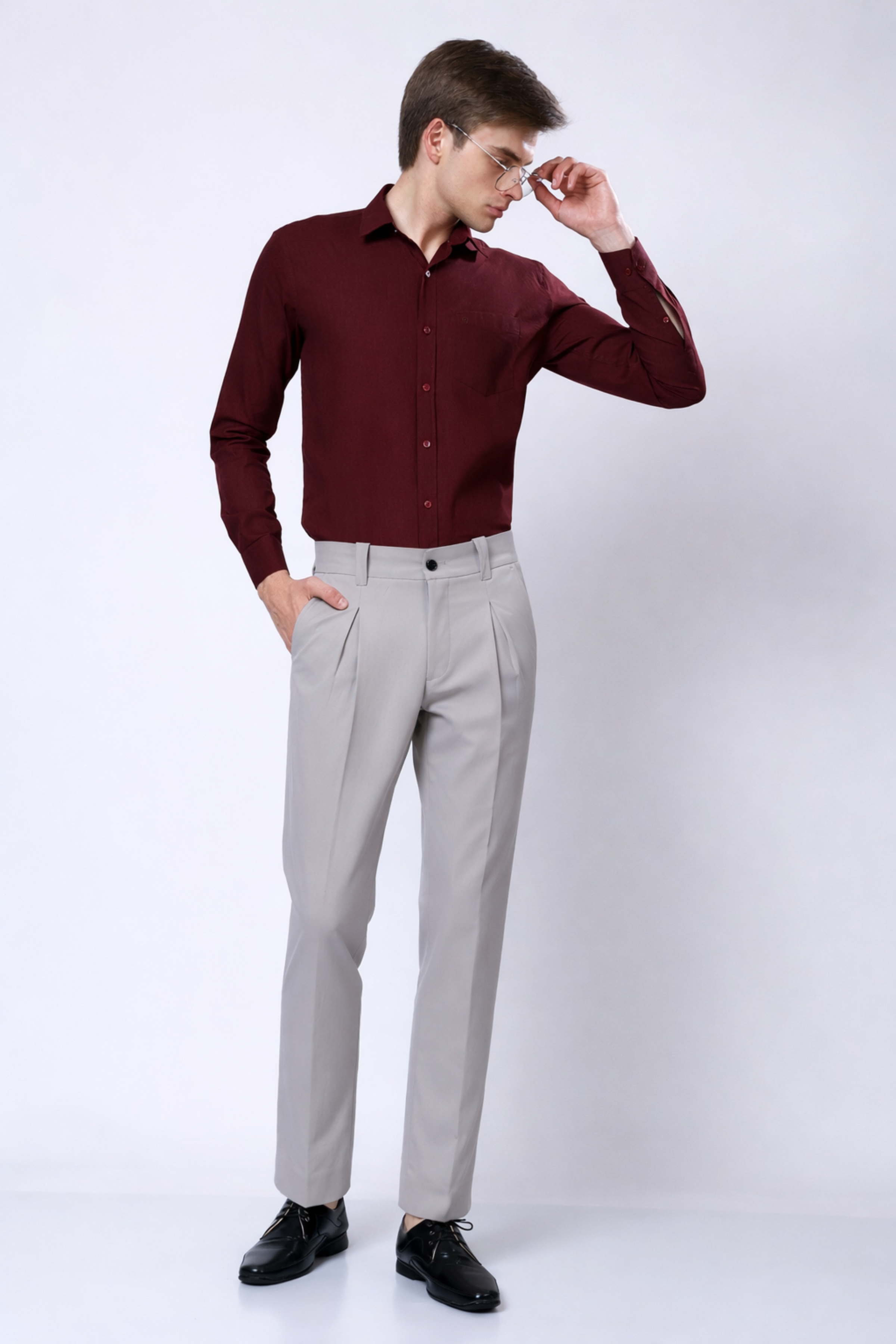 Stylox Men’s Slim Fit Pleated Formal Trousers – Premium Office Wear Pants with Side Pockets-Light Grey - Stylox