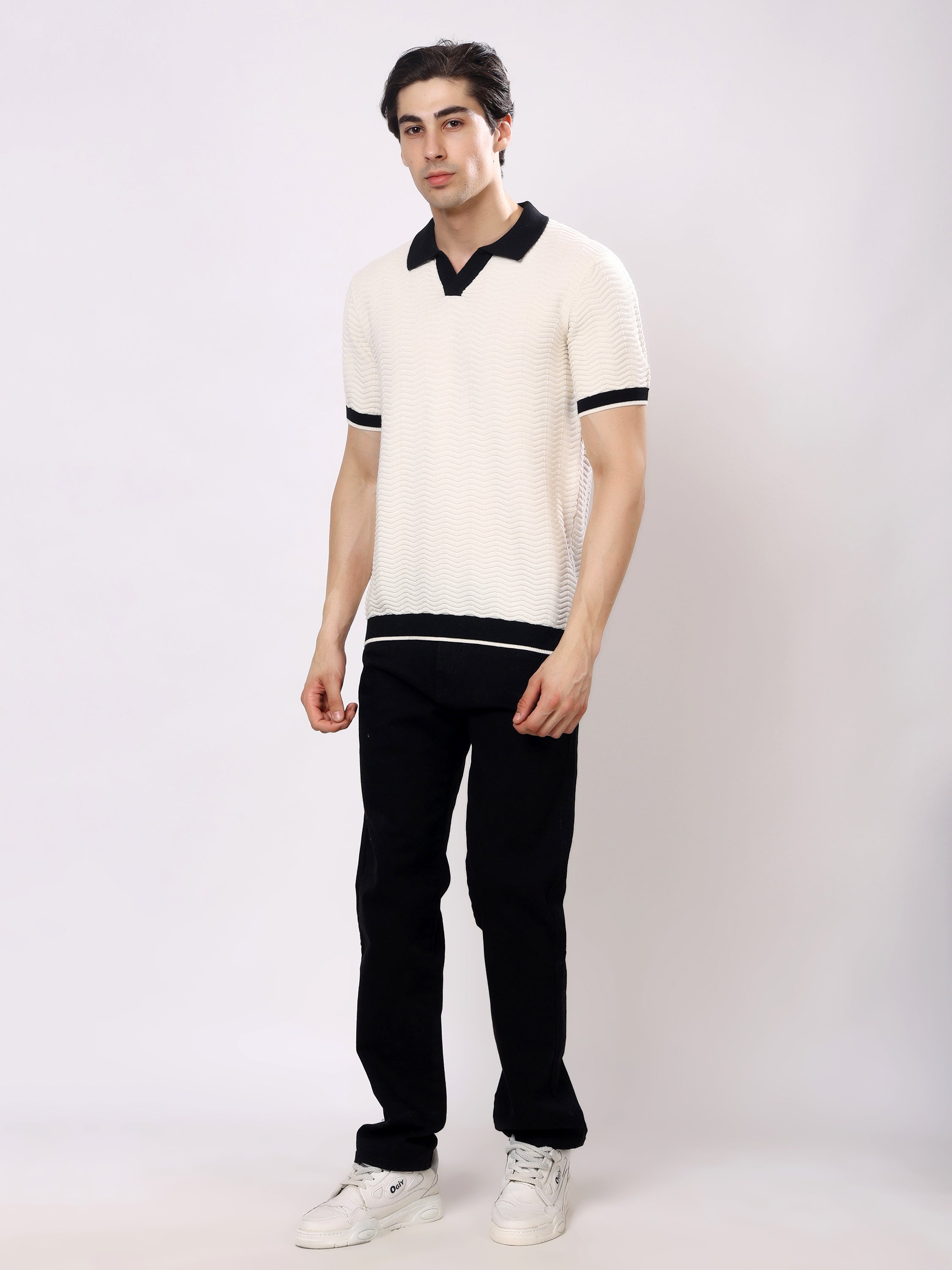 Stylox Men's Regular Fit Half Sleeve Textured Knitted Contrast Collar Polo Tee