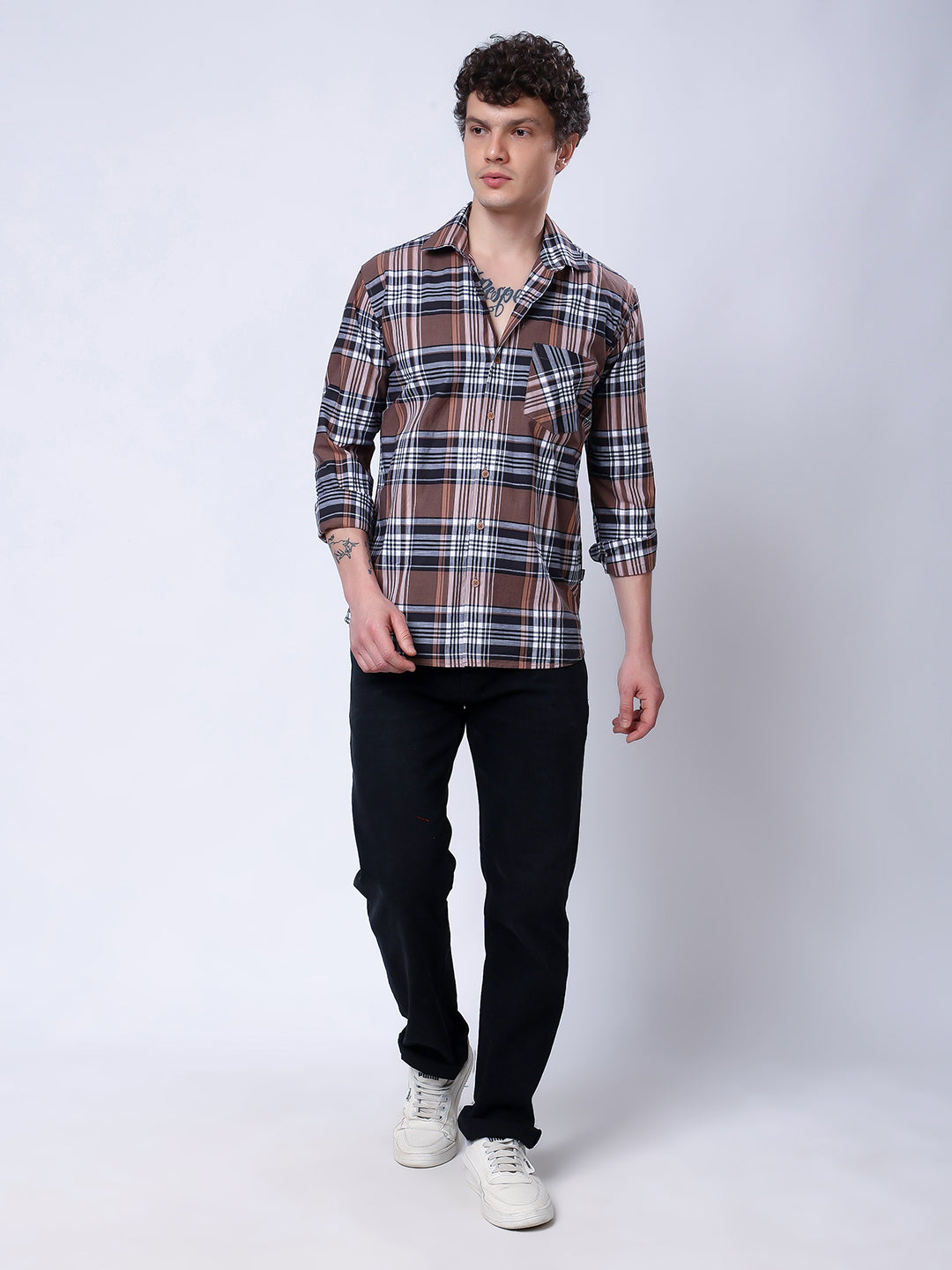 Stylox Men’s Regular Fit Full Sleeve Casual Check Shirt–Brown &amp; Black - Stylox