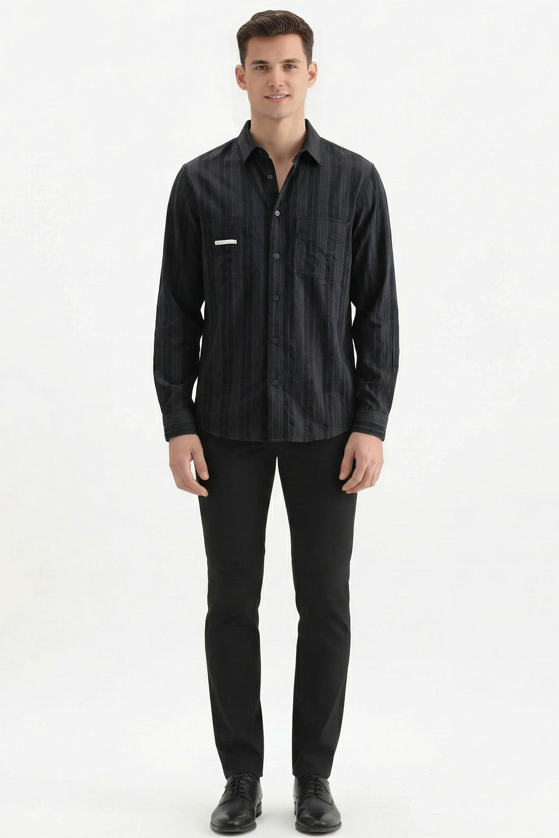 Stylox Men’s Regular-Fit Shacket Shirt – Self-Striped Full Sleeve Button-Down Overshirt with Chest Pockets