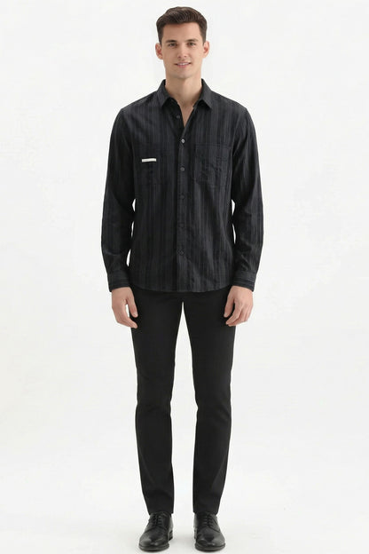 Stylox Men’s Regular-Fit Shacket Shirt – Self-Striped Full Sleeve Button-Down Overshirt with Chest Pockets