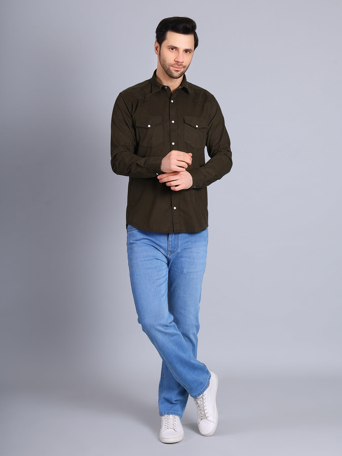 Stylox Men’s Regular Fit Full Sleeve Solid Casual Corduroy Shirt with Double Chest Pocket (Dark Green)