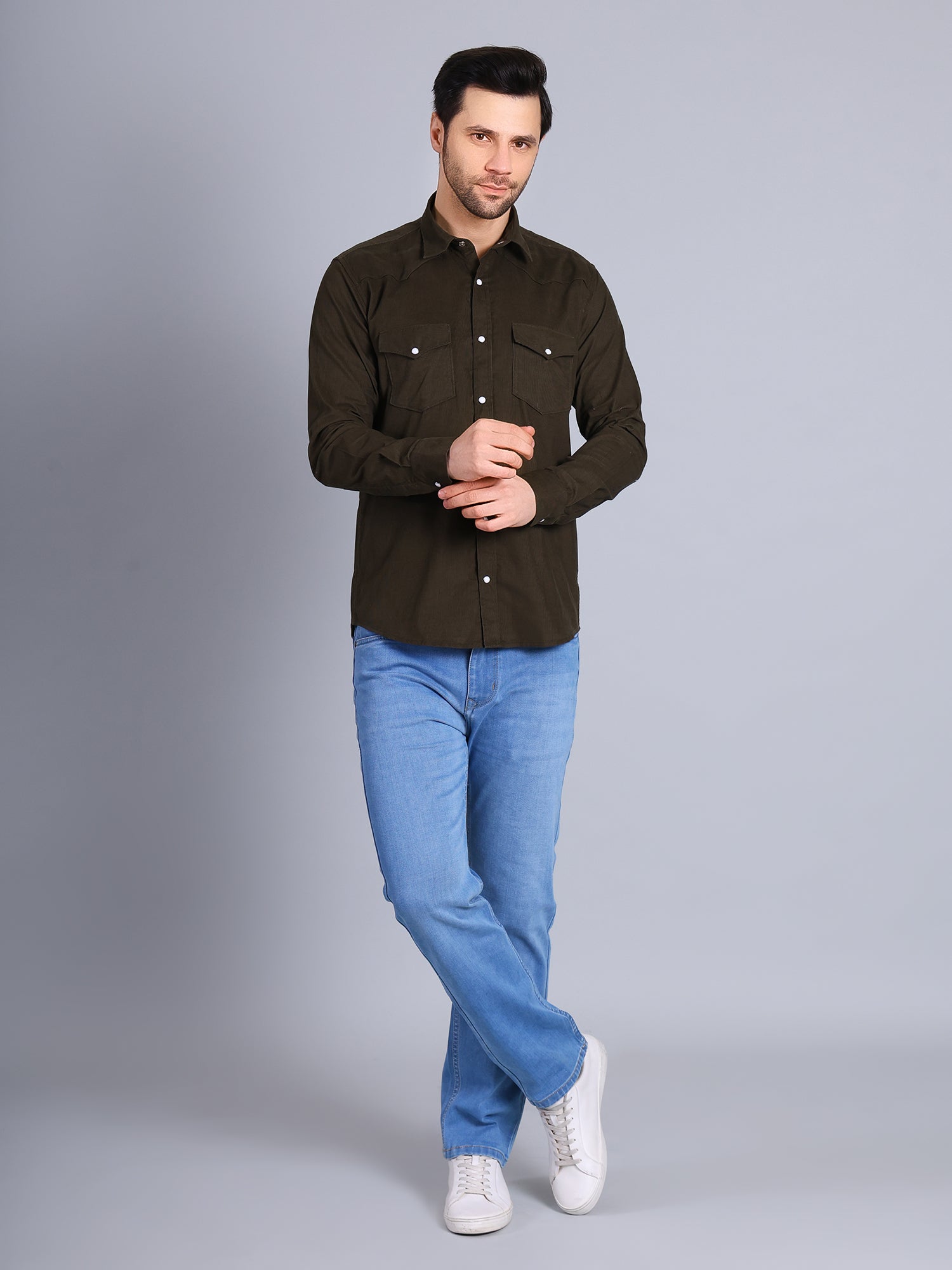 Stylox Men’s Regular Fit Full Sleeve Solid Casual Corduroy Shirt with Double Chest Pocket (Dark Green)