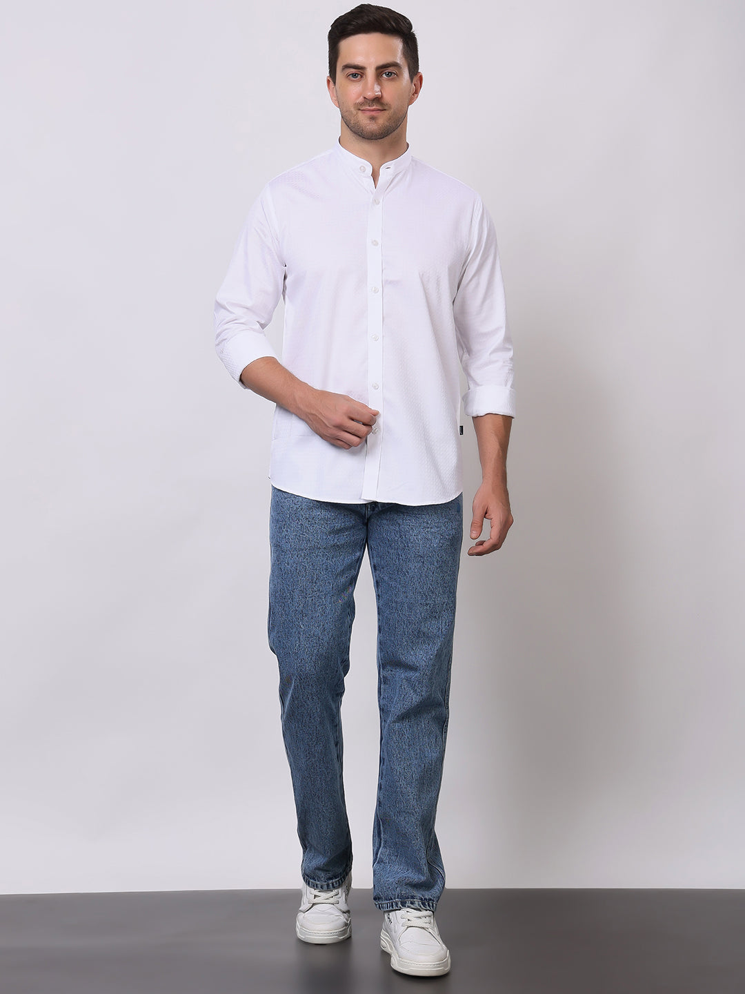 Stylox Men’s White Mandarin Collar Full Sleeve Casual Shirt