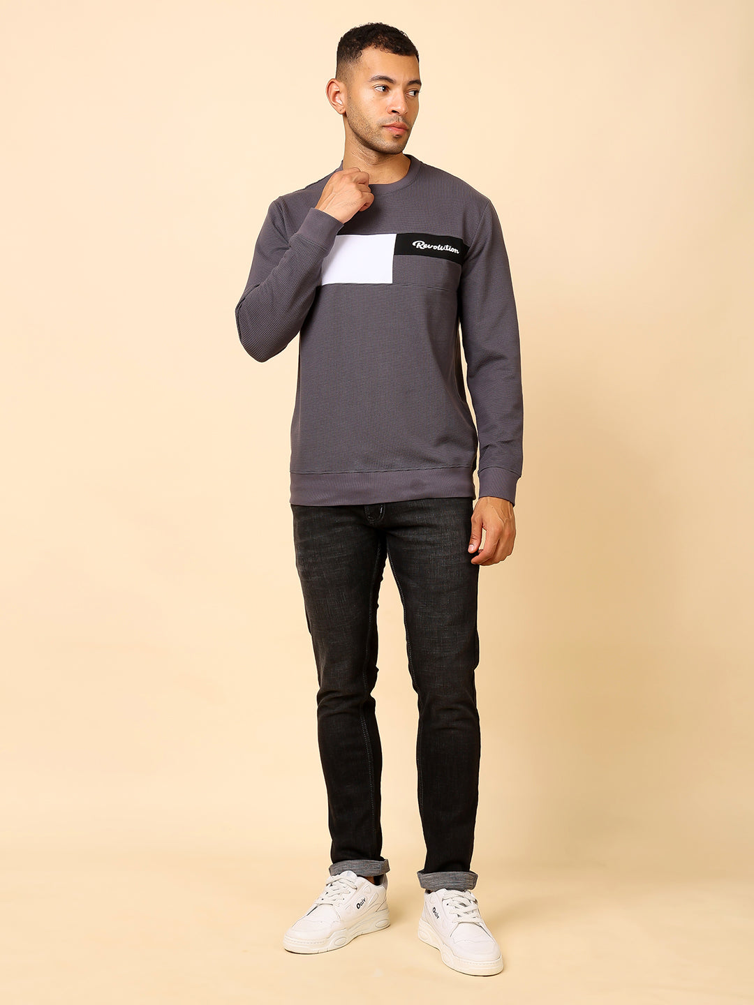 Stylox Men’s Colorblock Crew Neck Sweatshirt with “Revolution” Print