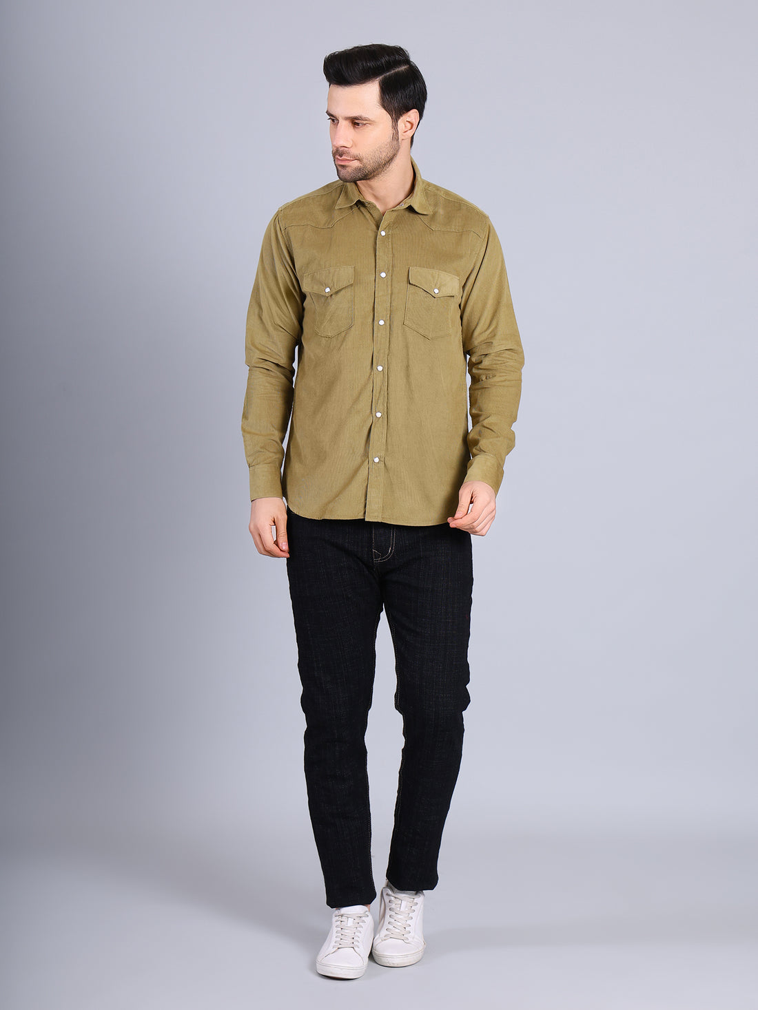 Stylox Men’s Regular Fit Full Sleeve Solid Casual Corduroy Shirt with Double Chest Pocket (Light Green)