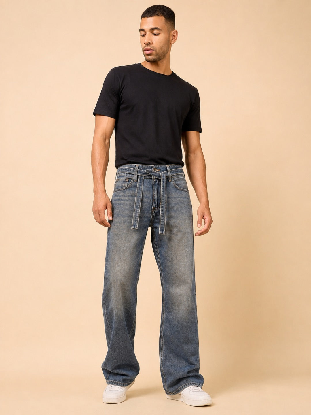 Stylox Men’s Baggy Fit Stretchable Wide Leg Denim Jeans with Tie-Waist Detail