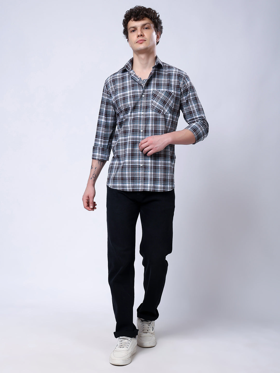 Stylox Men’s Regular Fit Full Sleeve Casual Check Shirt–Grey & Brown - Stylox