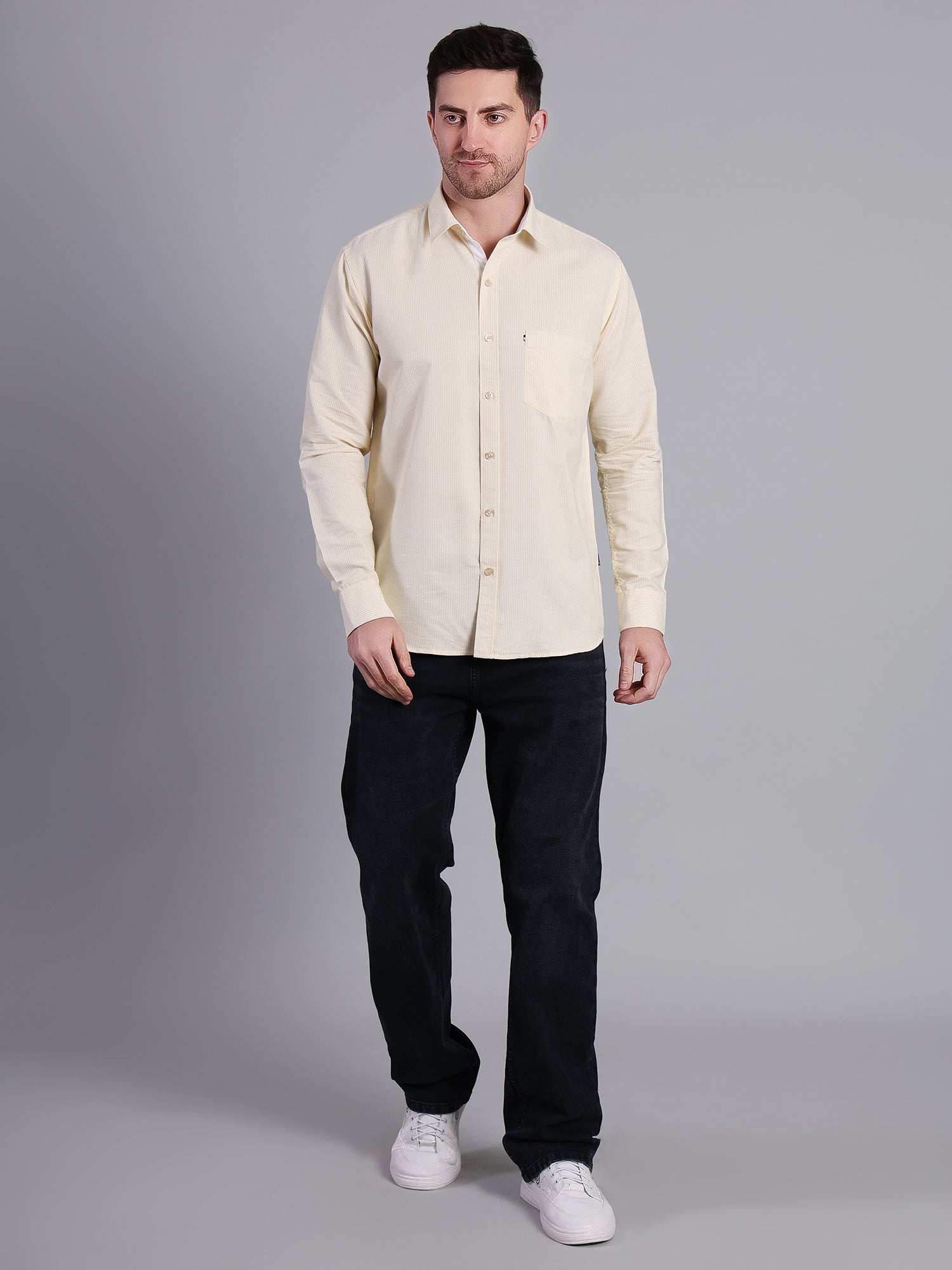 Stylox Men’s Green Striped Casual Shirt | Regular Fit Cotton Shirt for Men - Yellow - Stylox