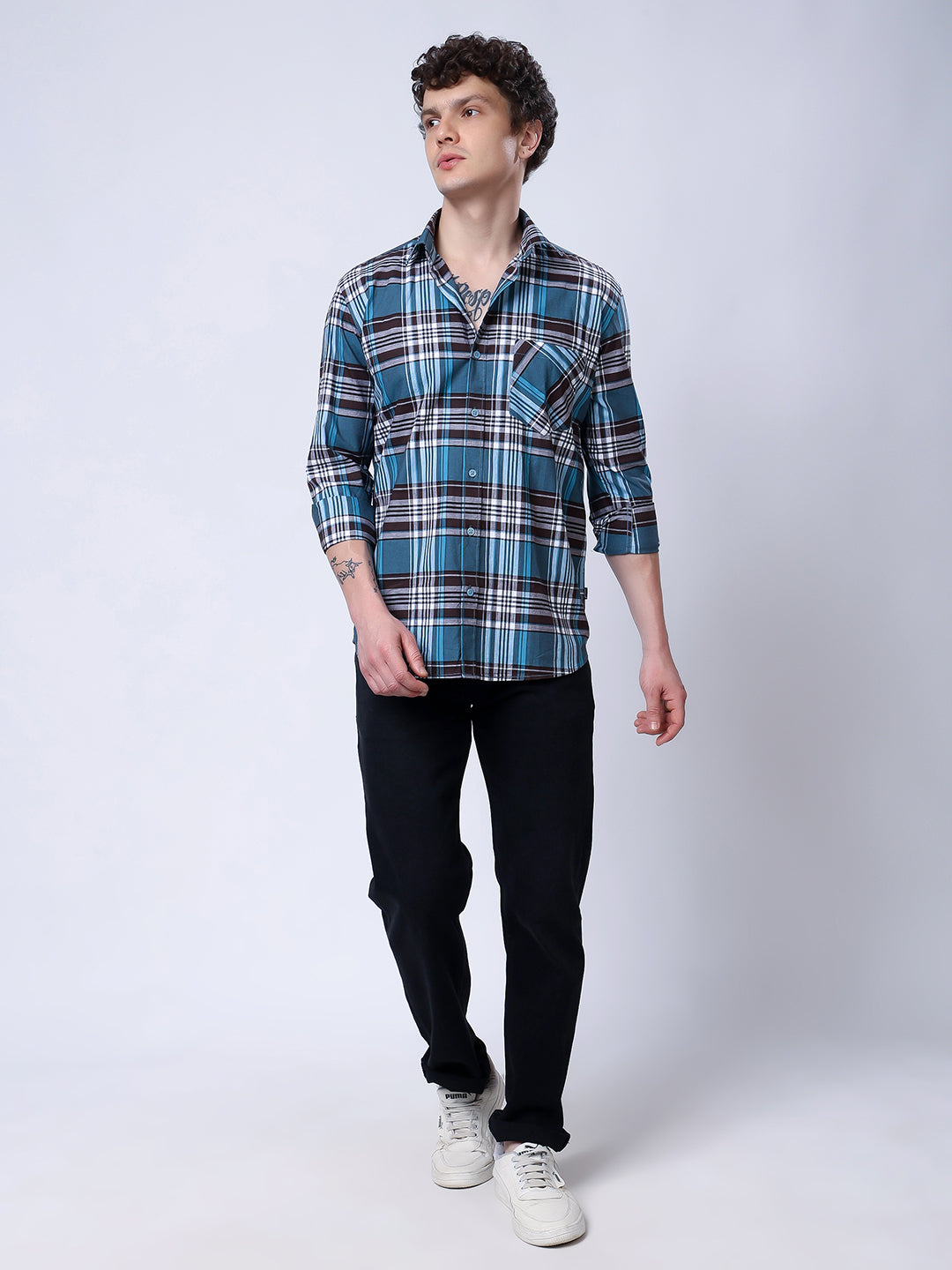 Stylox Men’s Regular Fit Full Sleeve Casual Check Shirt–Teal & Brown - Stylox