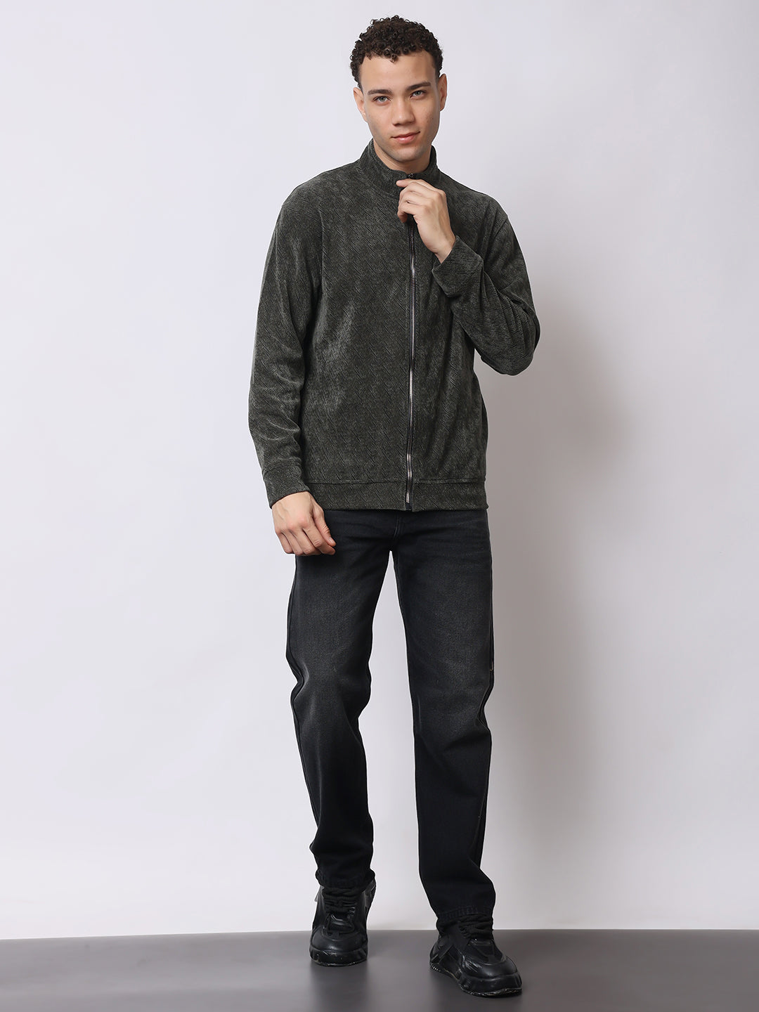 Stylox Men’s Textured Winter Jacket – High-Neck Full-Zip Warm Fleece Jacket for Casual & Daily Wear