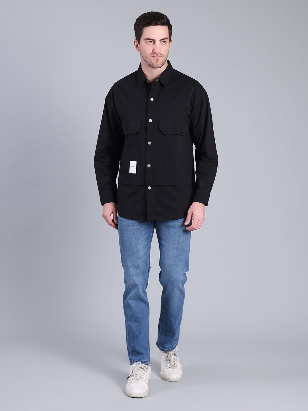 Stylox Men’s Solid Winter Shacket with Snap Buttons & Utility Pockets (Black) - Stylox