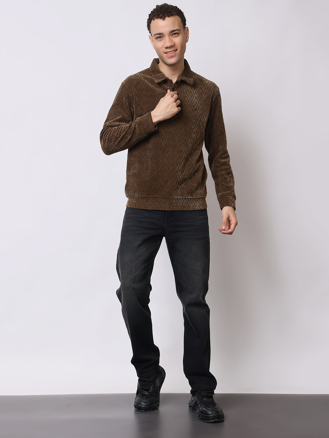 Stylox Men’s Textured Winter Sweatshirt – Chevron Pattern Pullover with Collar & Button Placket