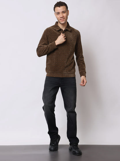 Stylox Men’s Textured Winter Sweatshirt – Chevron Pattern Pullover with Collar &amp; Button Placket