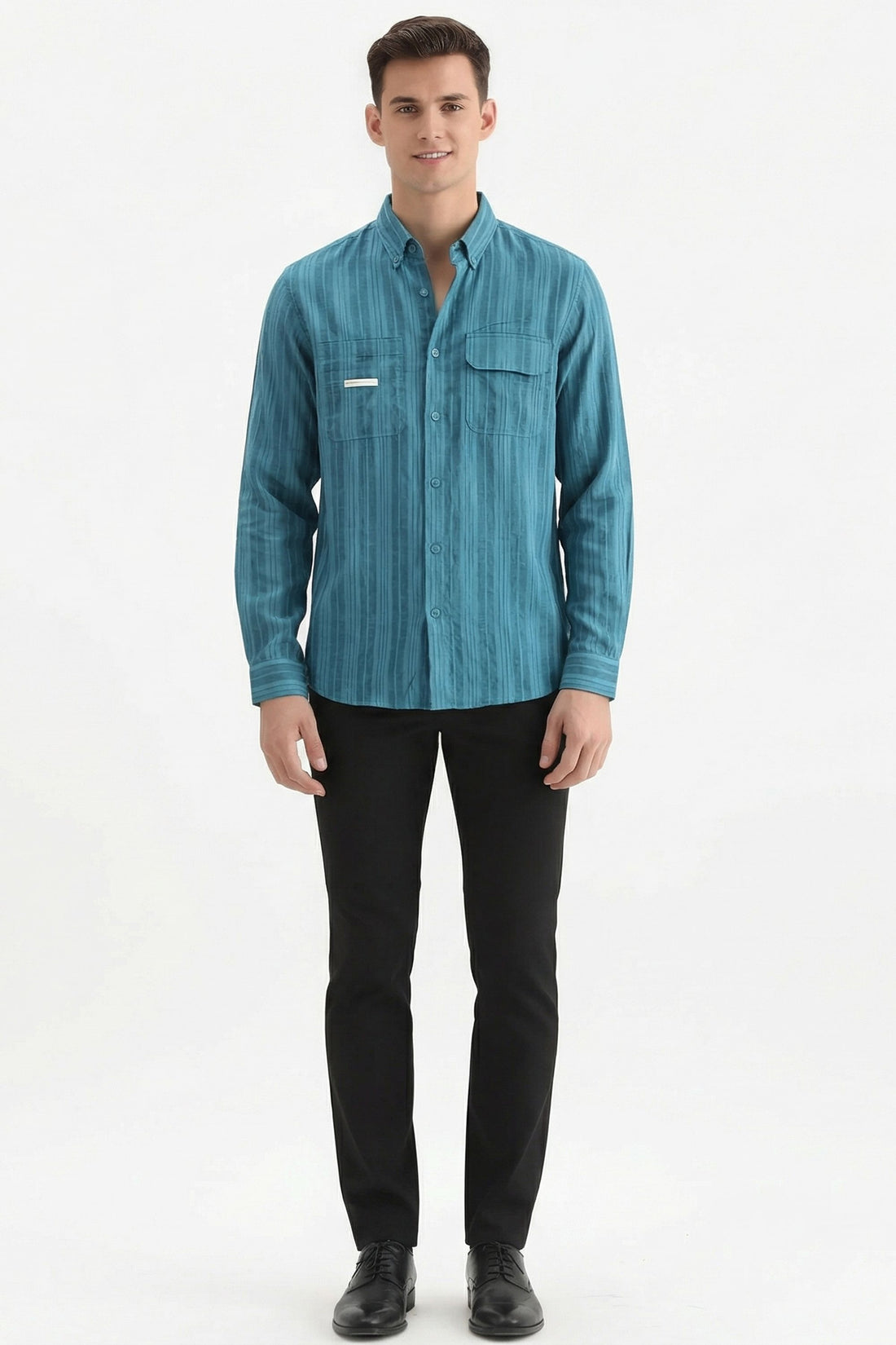 Stylox Men’s Regular-Fit Shacket Shirt – Self-Striped Full Sleeve Button-Down Overshirt with Chest Pockets(Teal Green)