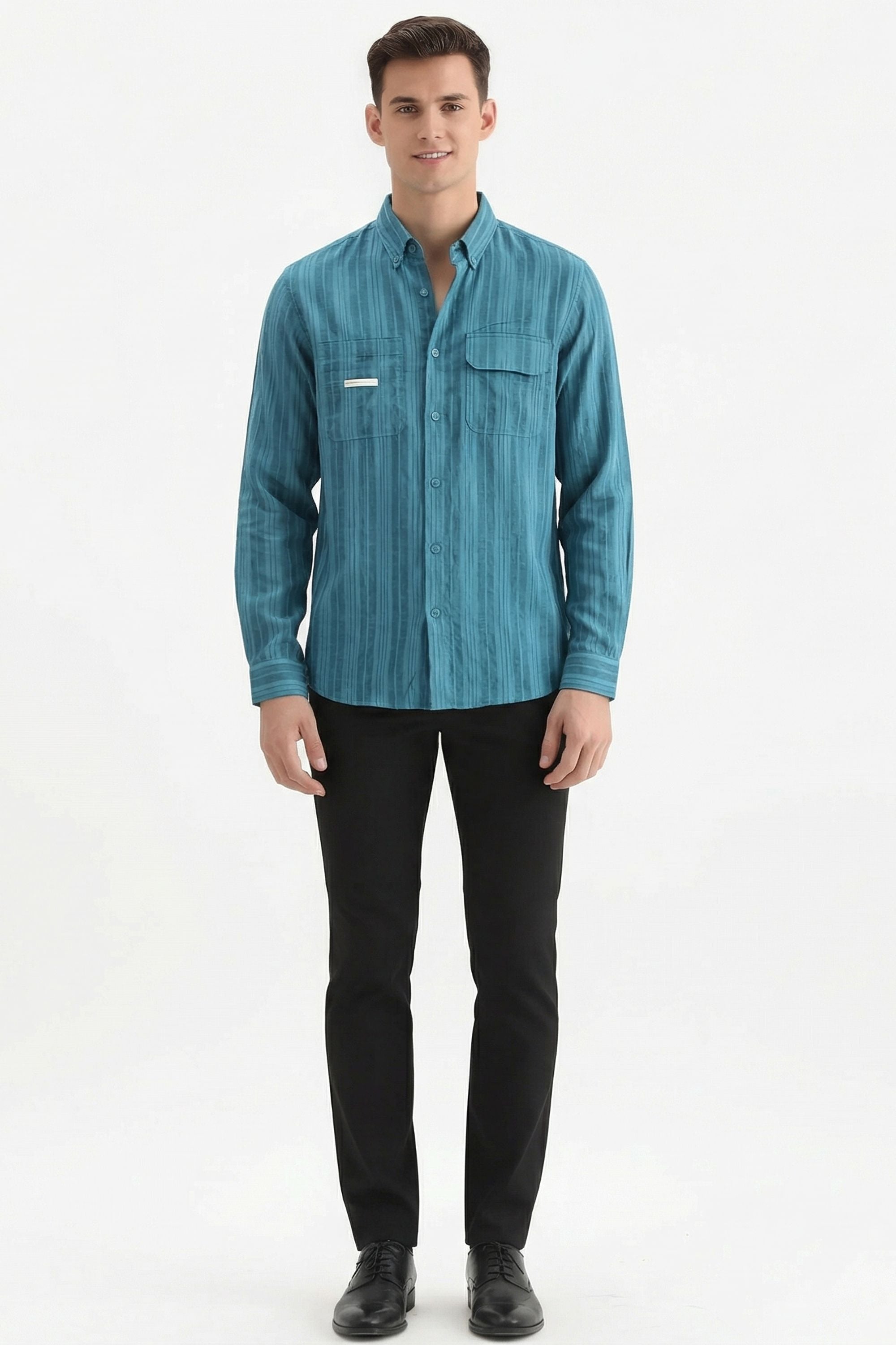 Stylox Men’s Regular-Fit Shacket Shirt – Self-Striped Full Sleeve Button-Down Overshirt with Chest Pockets(Teal Green) - Stylox