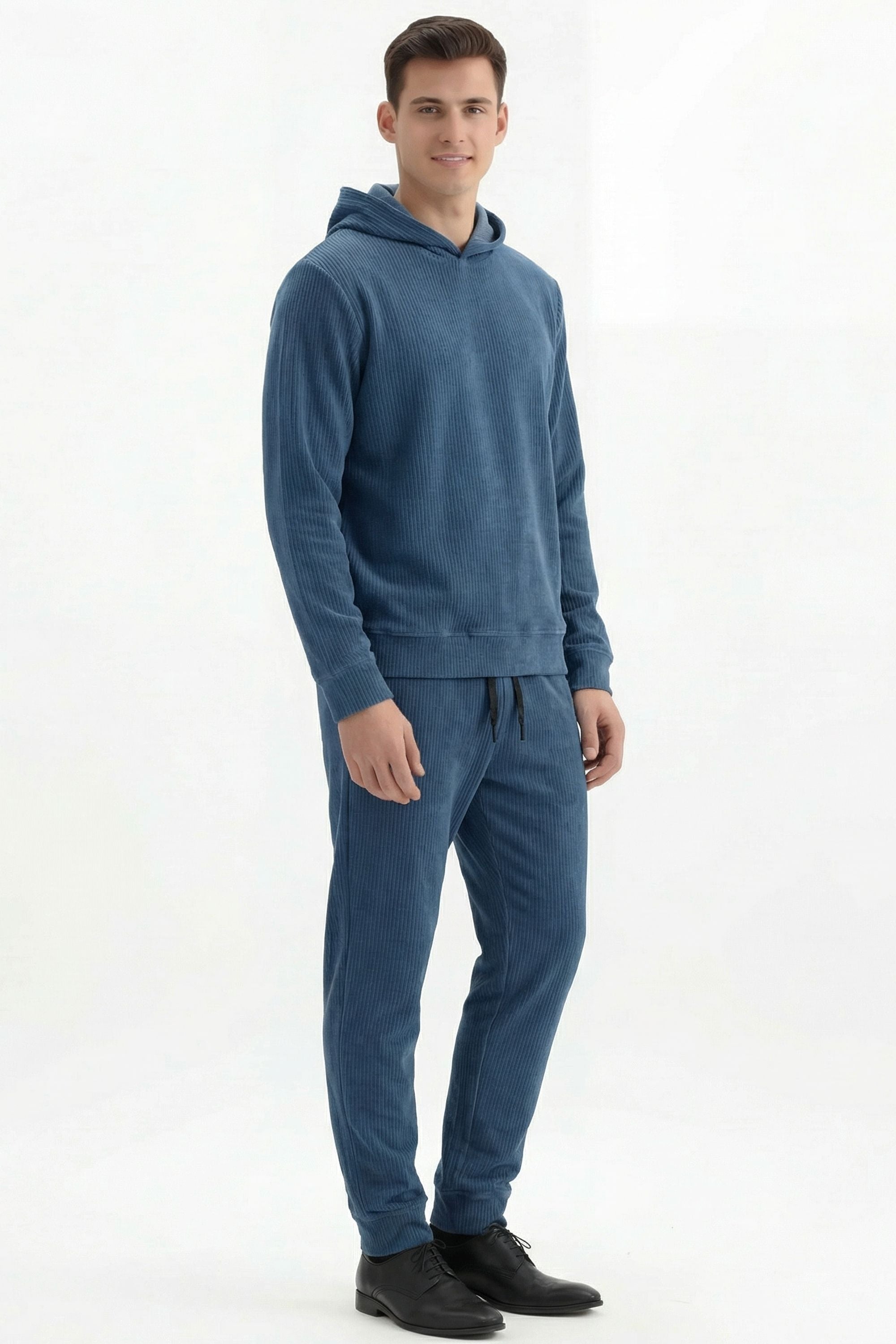 Stylox Men’s Regular Fit Ribbed Tracksuit Set (Hooded Sweatshirt + Jogger Pants) (Light Blue) - Stylox