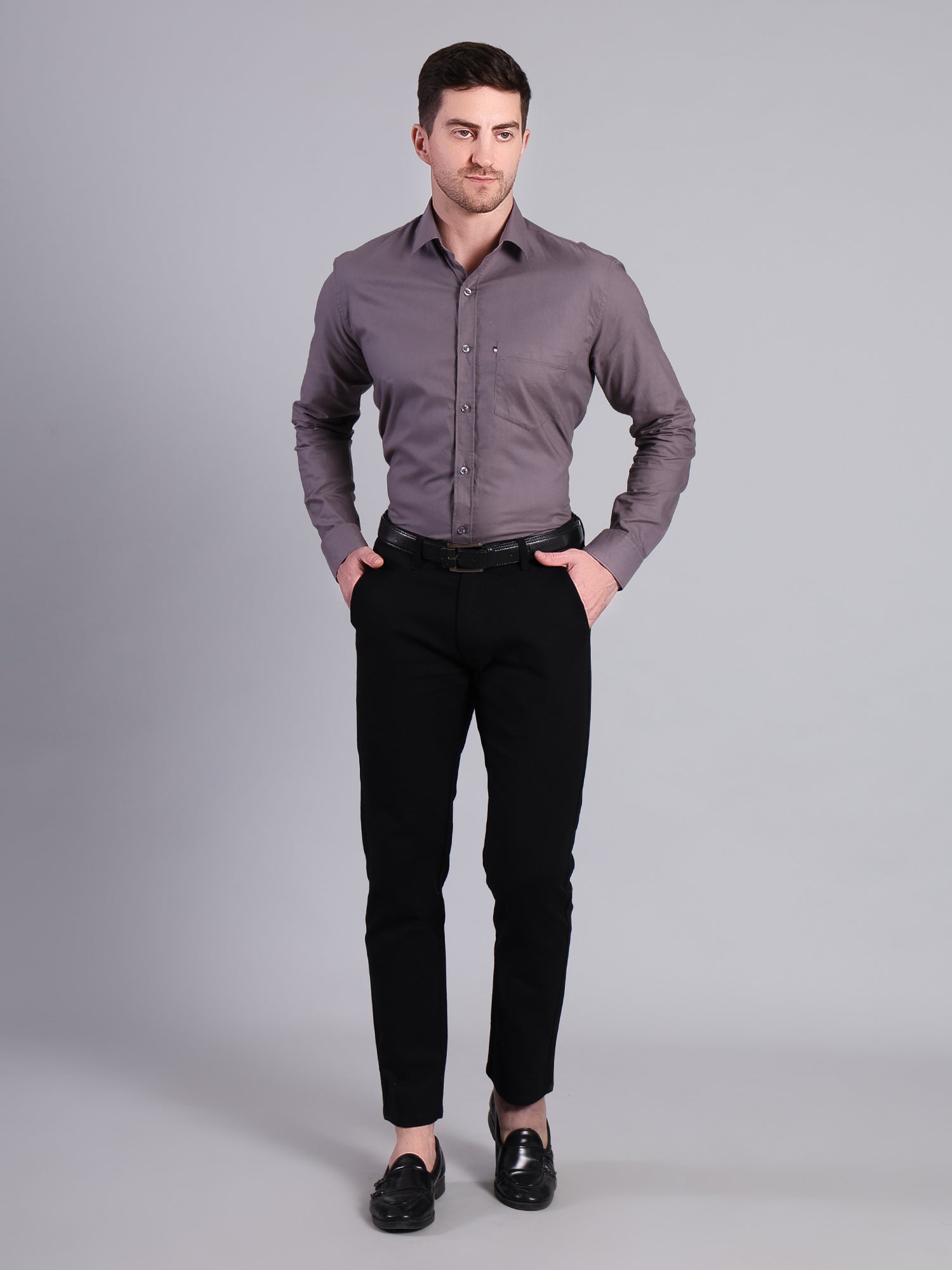 Stylox Men’s Regular Fit Solid Oxford Casual Shirt-Dark Grey - Stylox